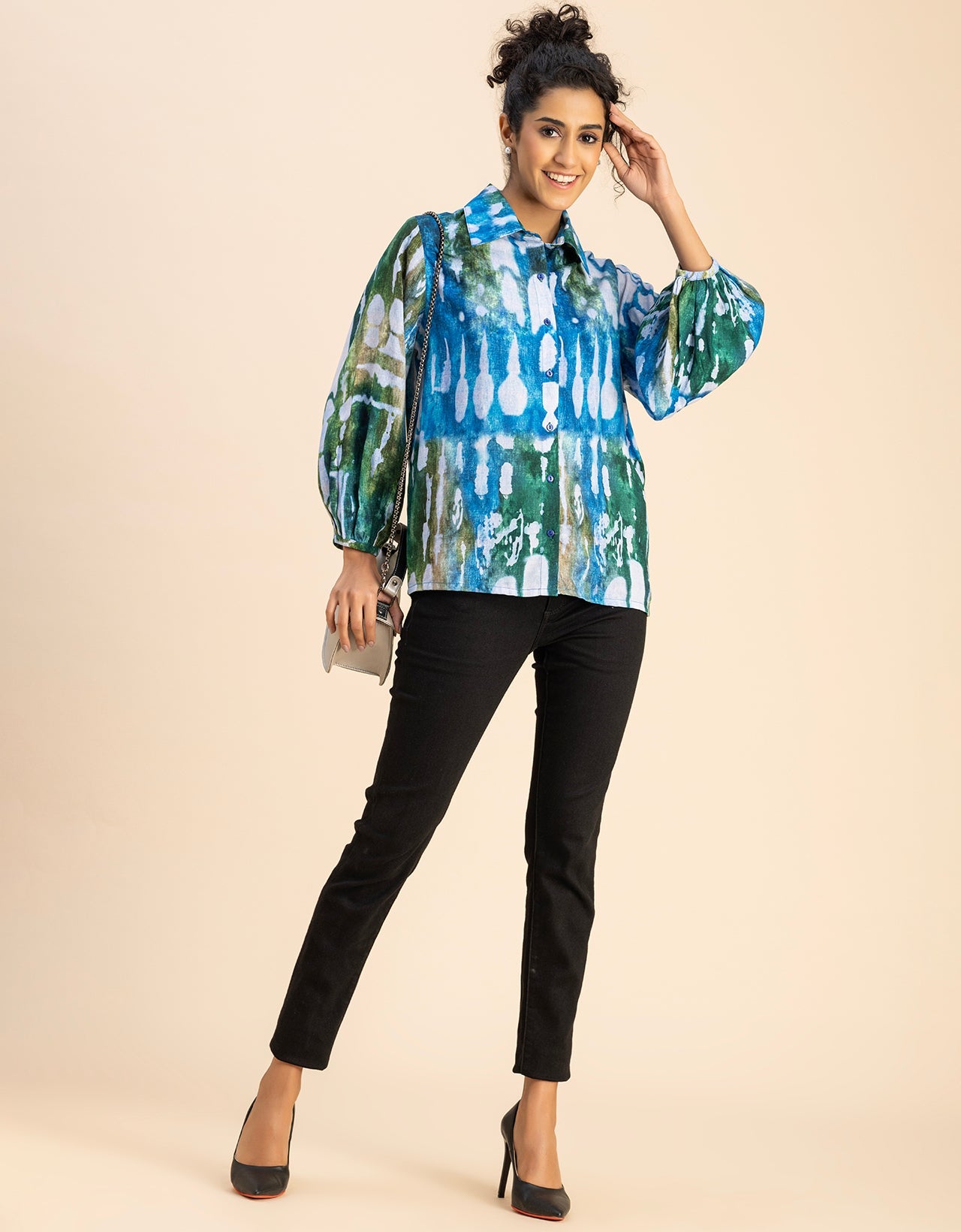 Bishop Sleeves Collar Printed Rayon Shirt