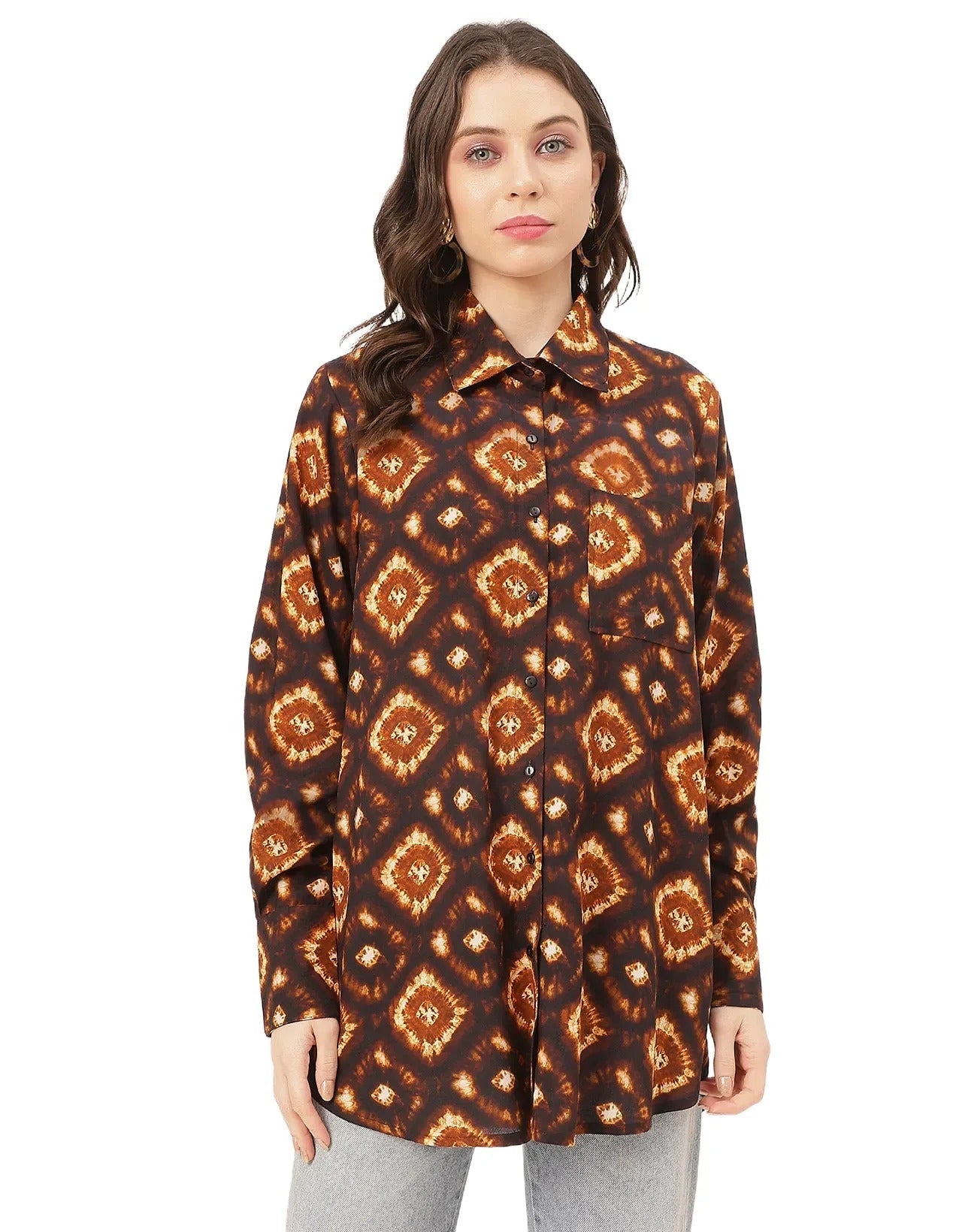 Long Sleeve Shirt Collar Printed Rayon Shirt