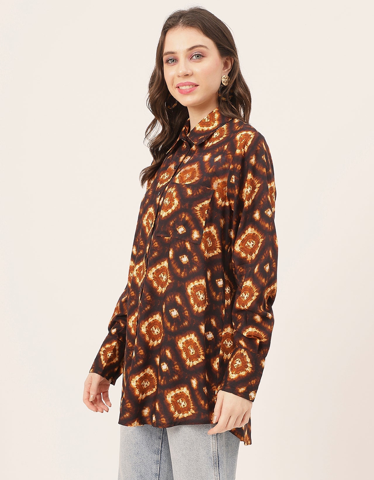 Long Sleeve Shirt Collar Printed Rayon Shirt