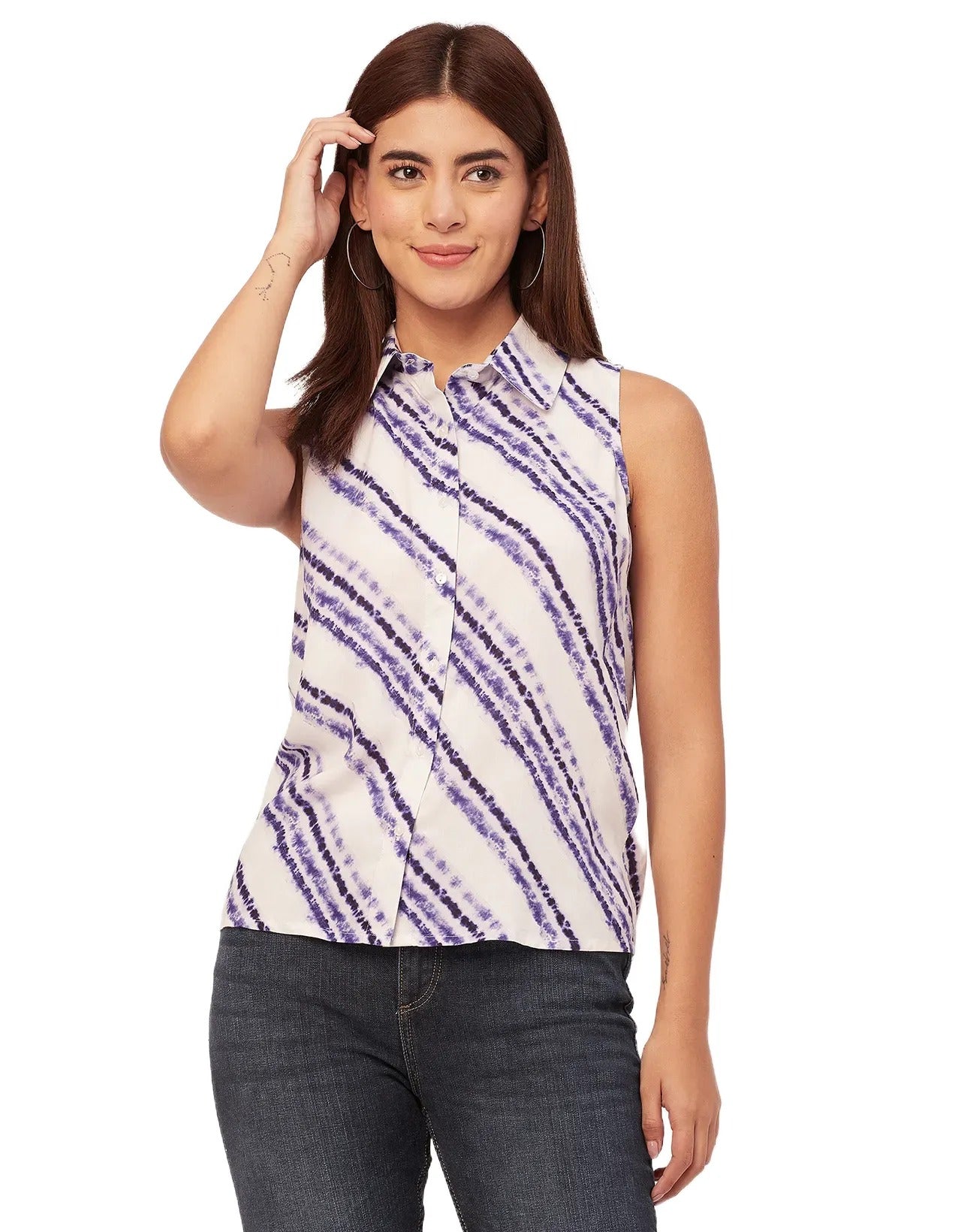 Sleeveless Shirt Collar Printed Rayon Shirt