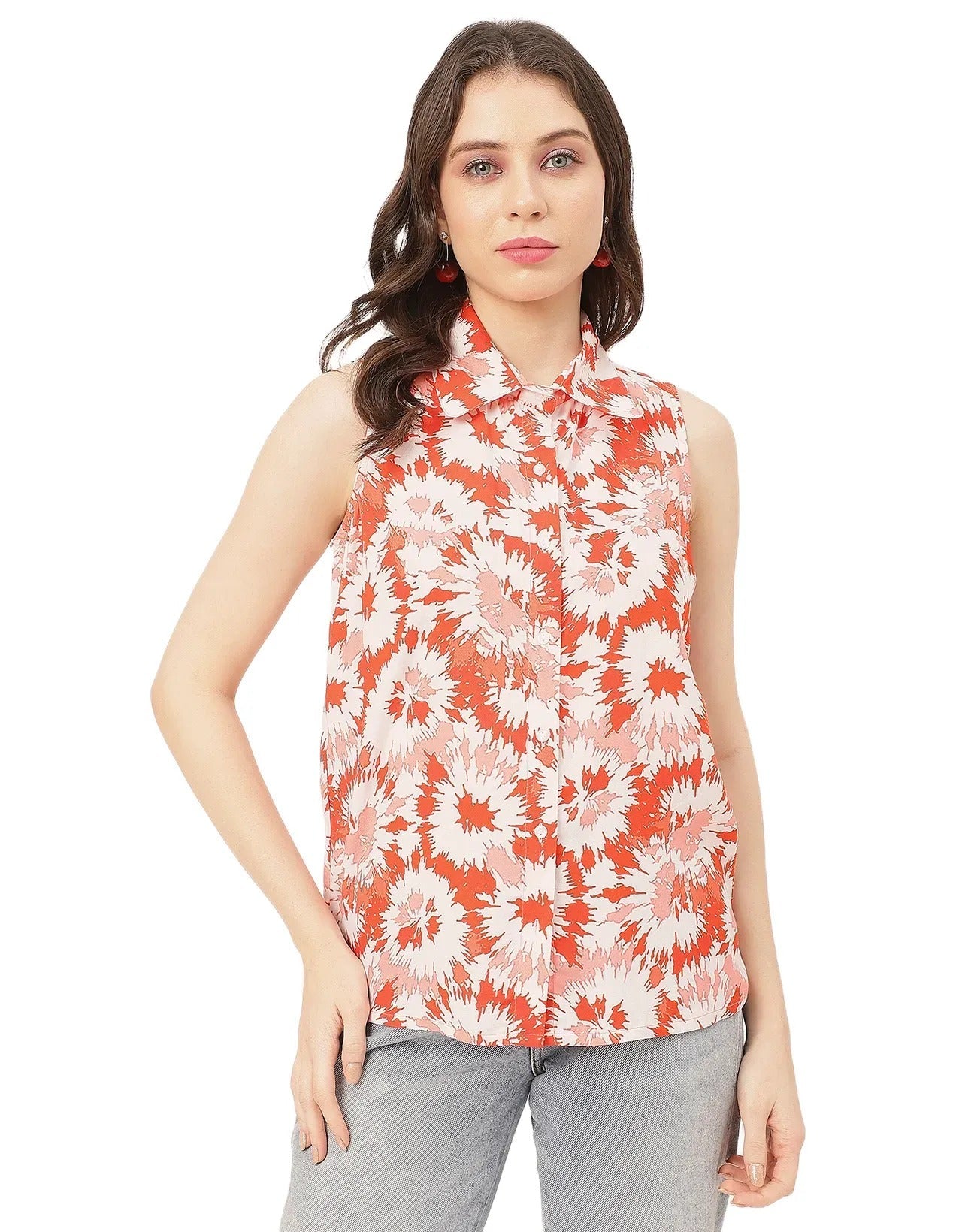 Sleeveless Shirt Collar Printed Rayon Shirt