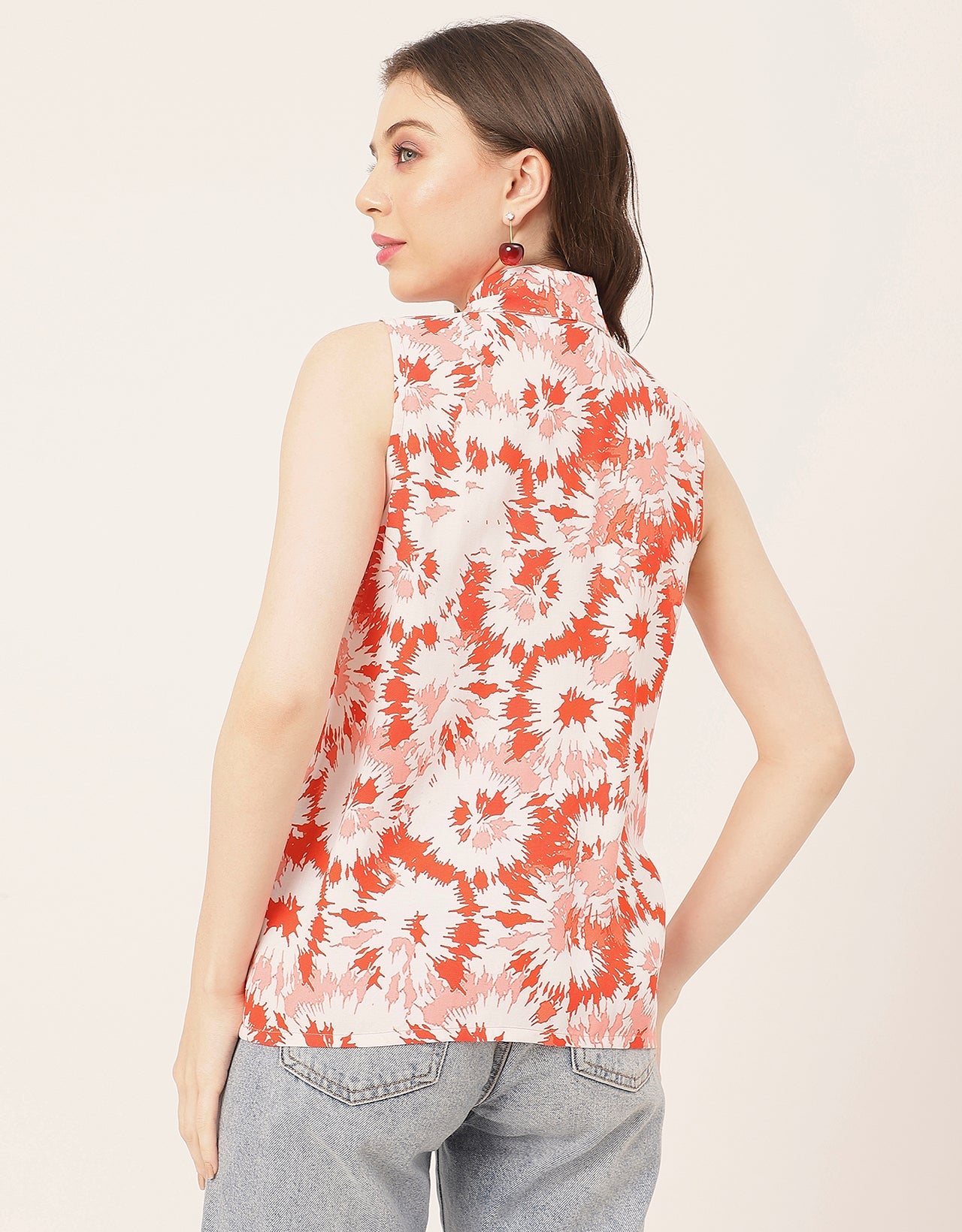 Sleeveless Shirt Collar Printed Rayon Shirt