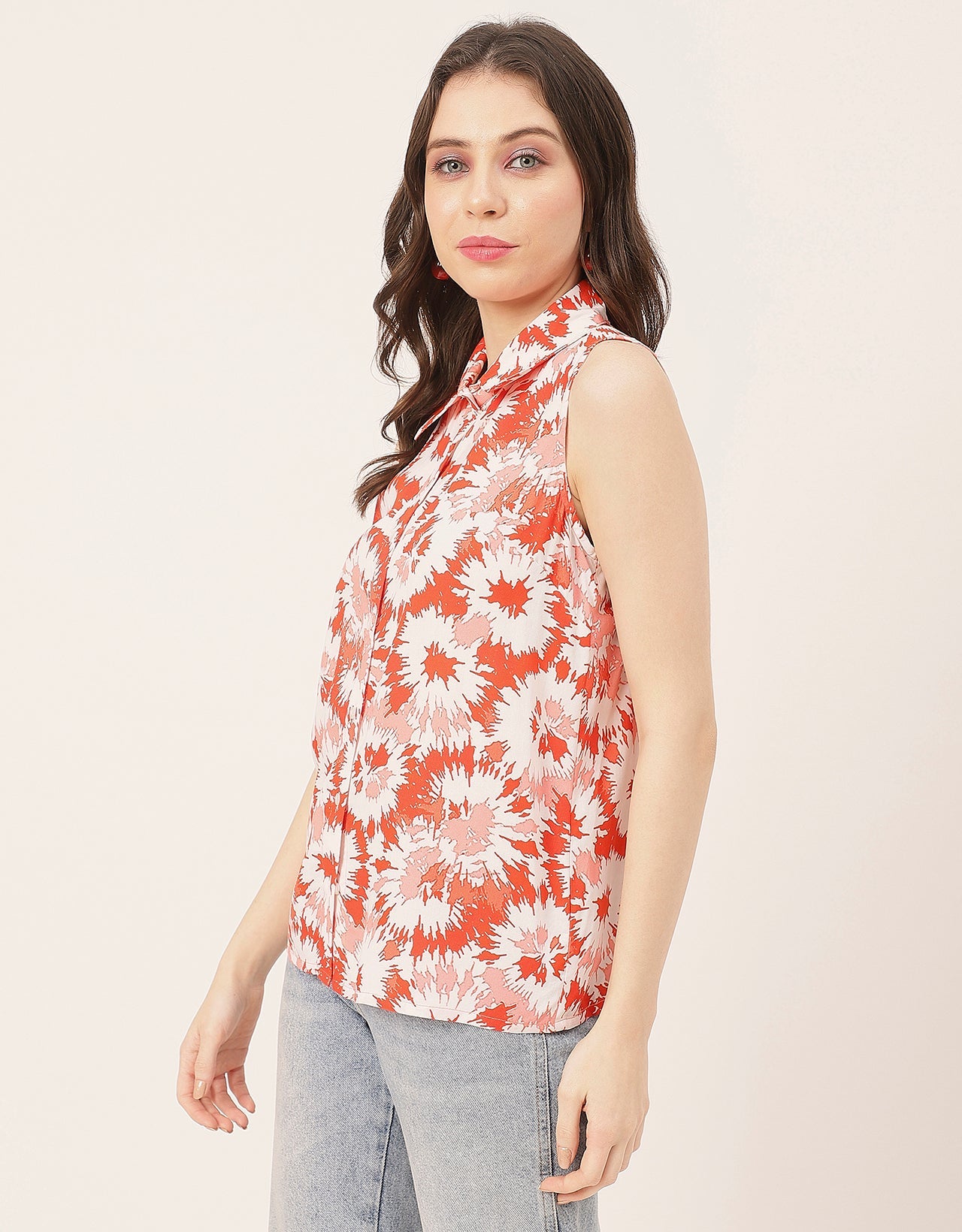 Sleeveless Shirt Collar Printed Rayon Shirt