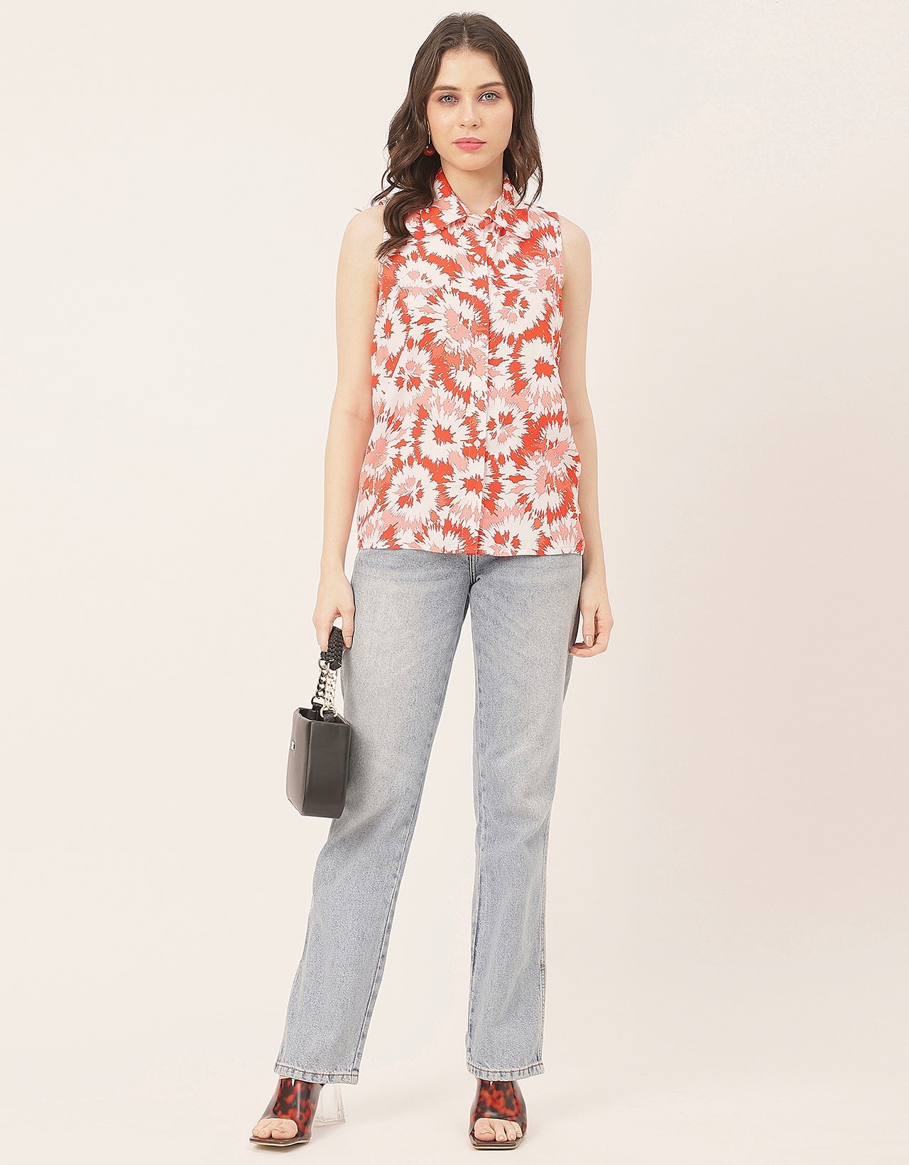 Sleeveless Shirt Collar Printed Rayon Shirt