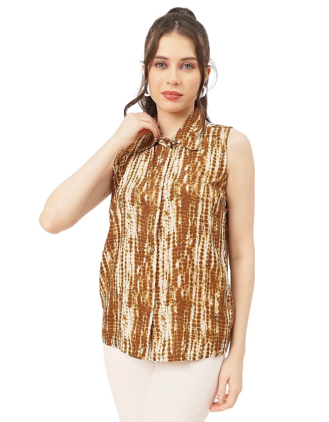 Sleeveless Shirt Collar Printed Rayon Shirt