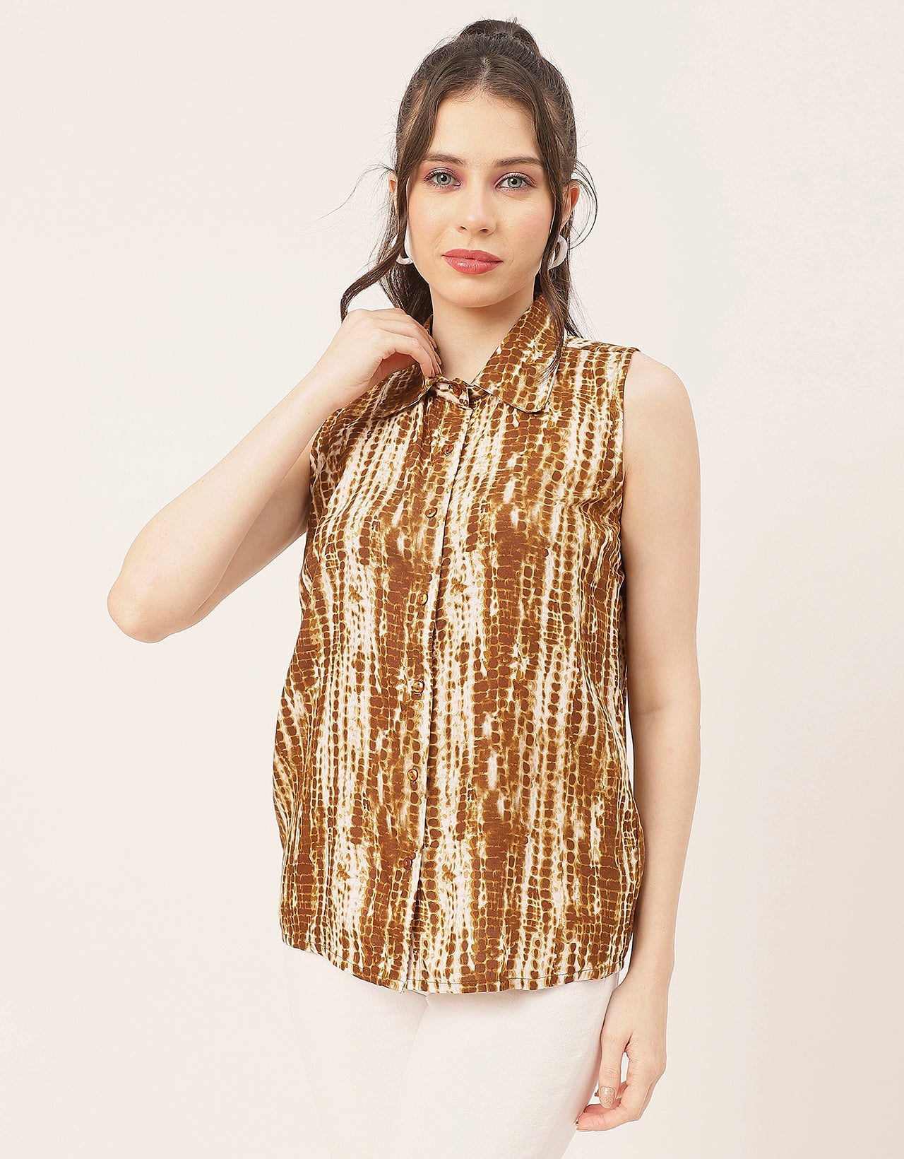 Sleeveless Shirt Collar Printed Rayon Shirt
