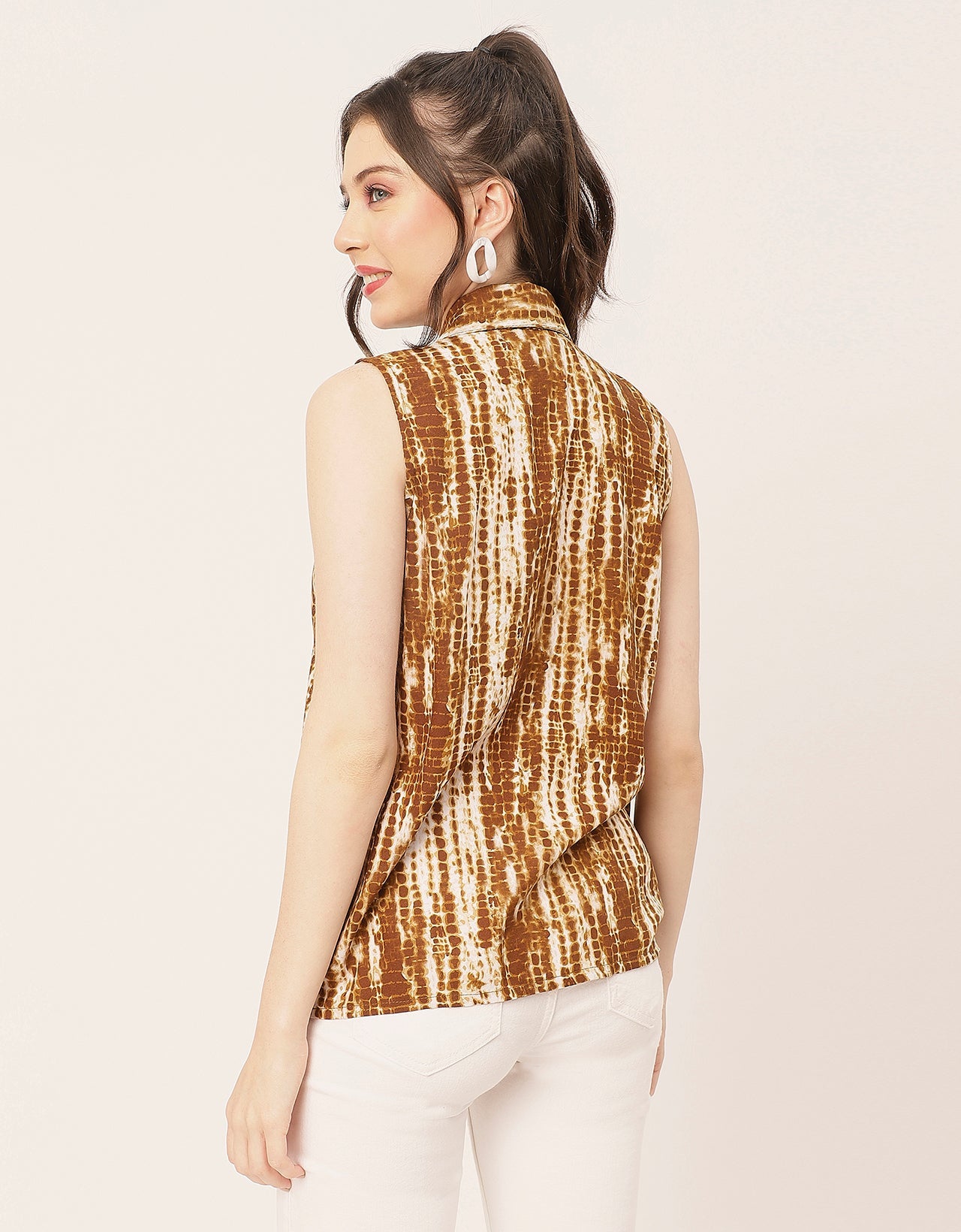 Sleeveless Shirt Collar Printed Rayon Shirt