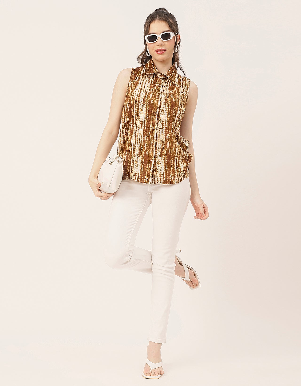 Sleeveless Shirt Collar Printed Rayon Shirt