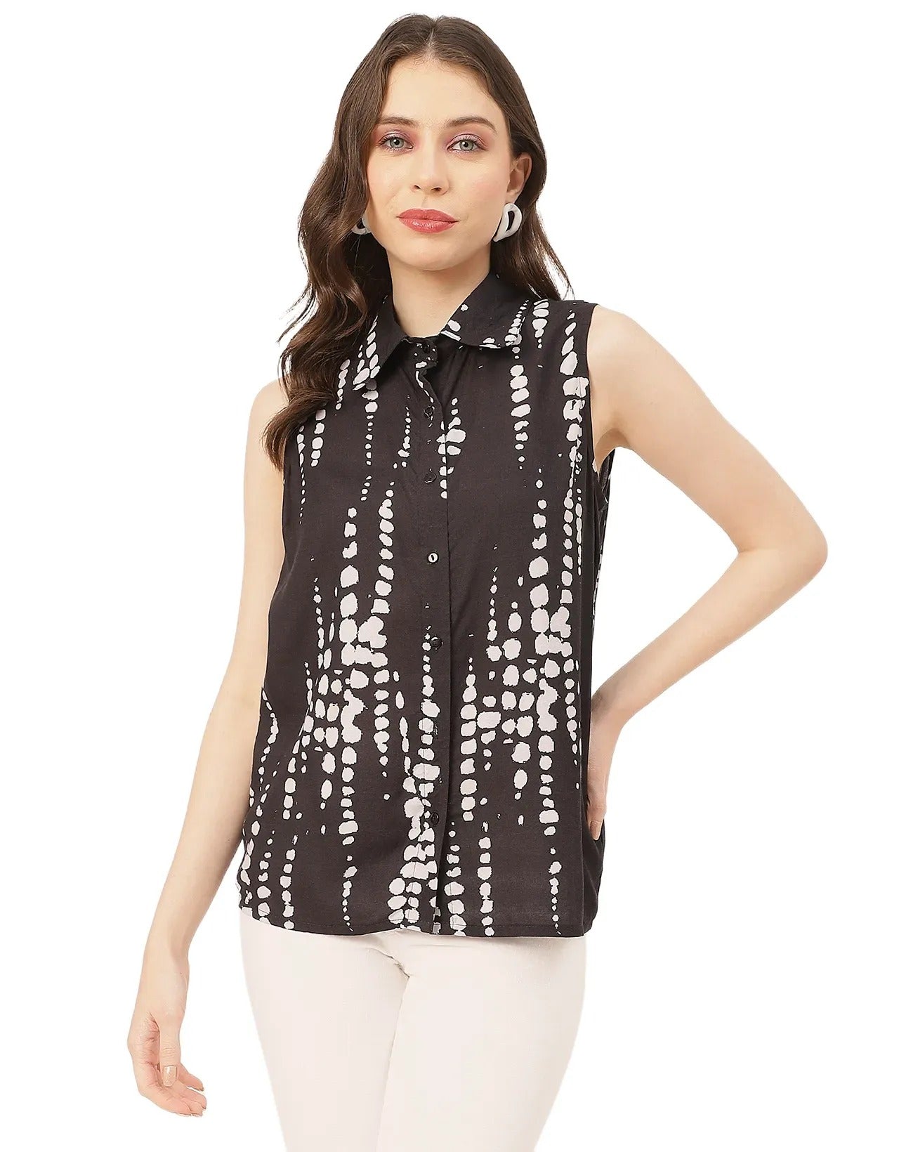 Sleeveless Shirt Collar Printed Rayon Shirt