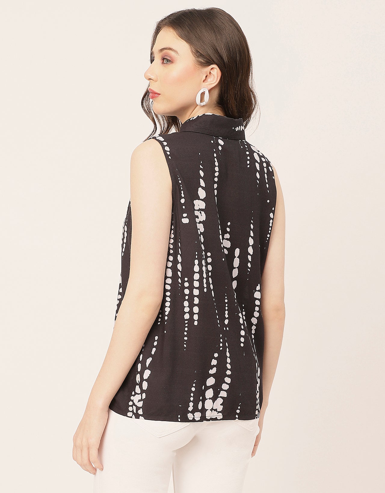 Sleeveless Shirt Collar Printed Rayon Shirt