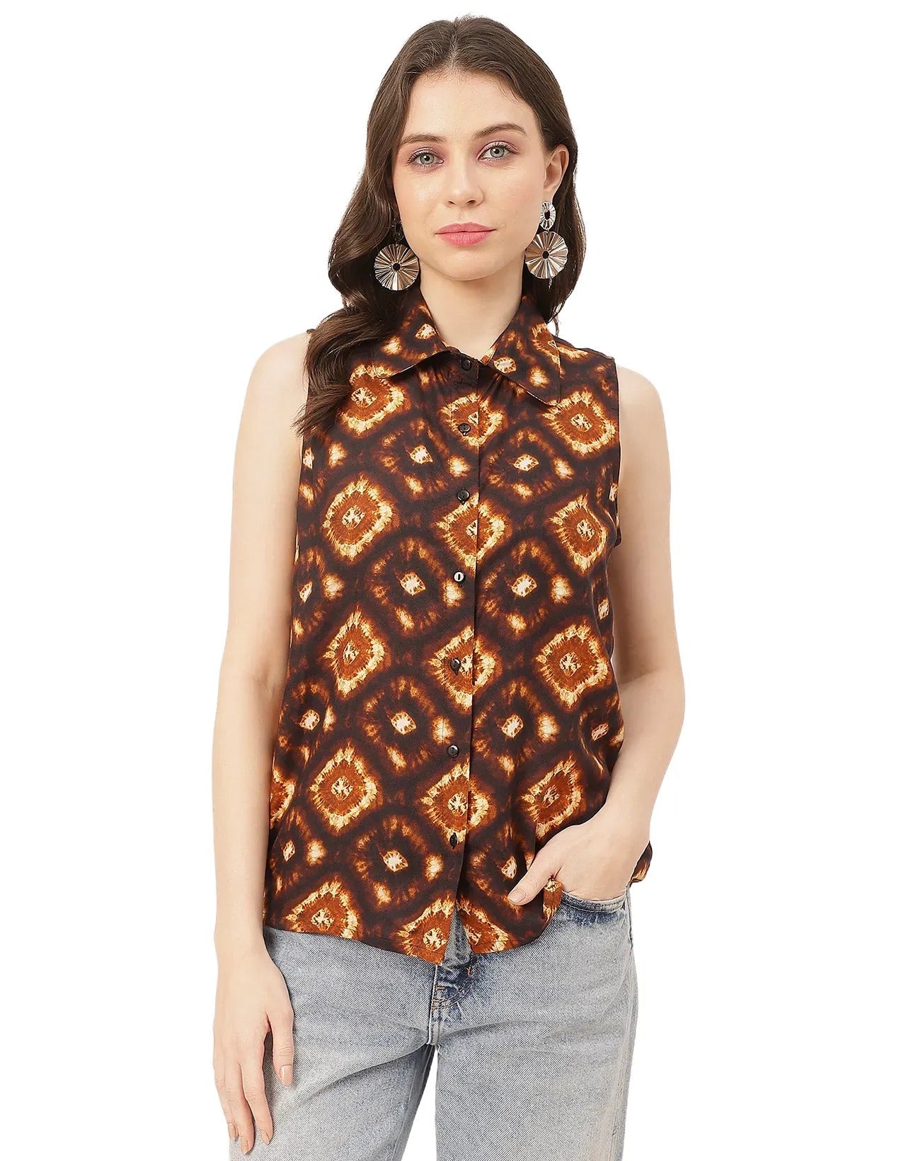 Sleeveless Shirt Collar Printed Rayon Shirt