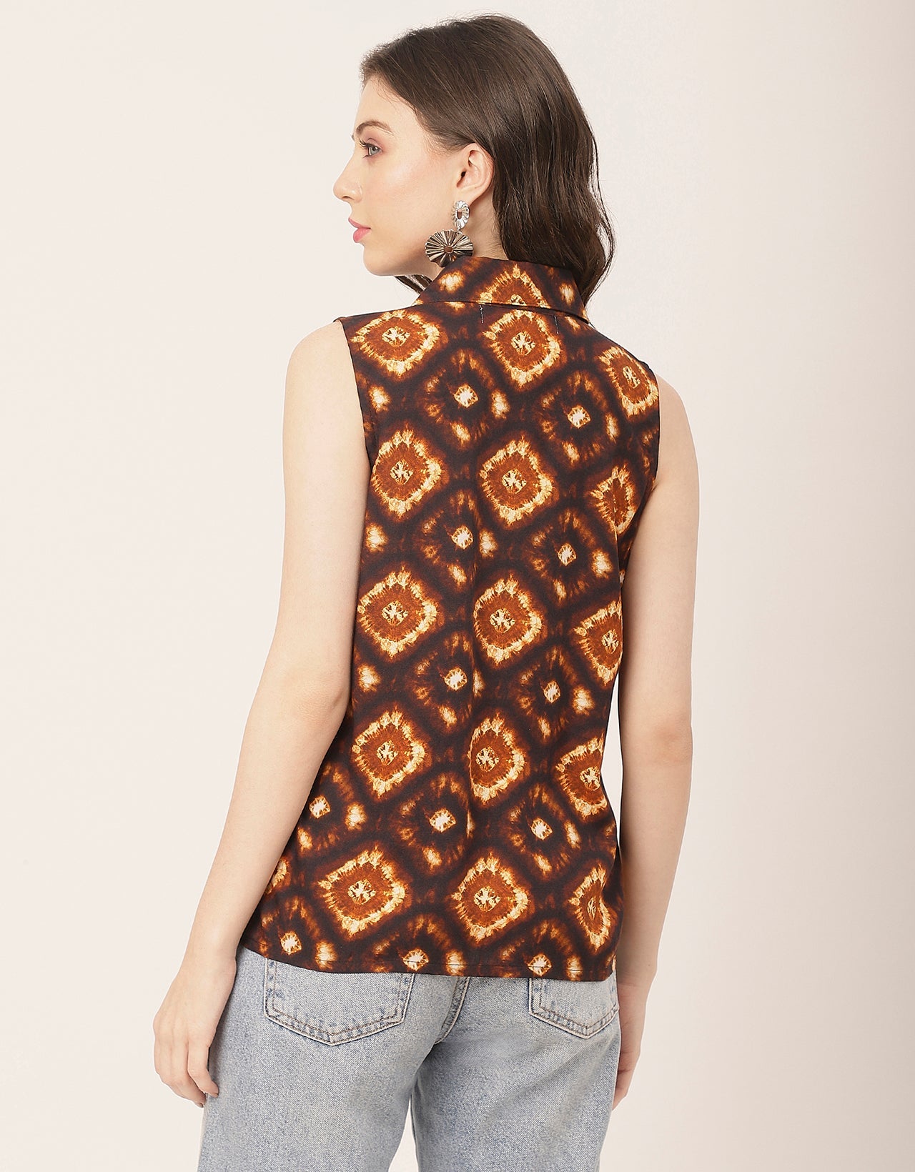 Sleeveless Shirt Collar Printed Rayon Shirt