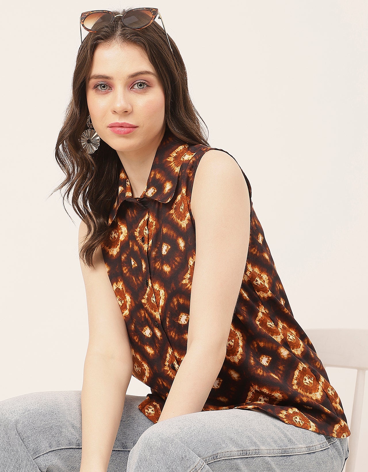 Sleeveless Shirt Collar Printed Rayon Shirt