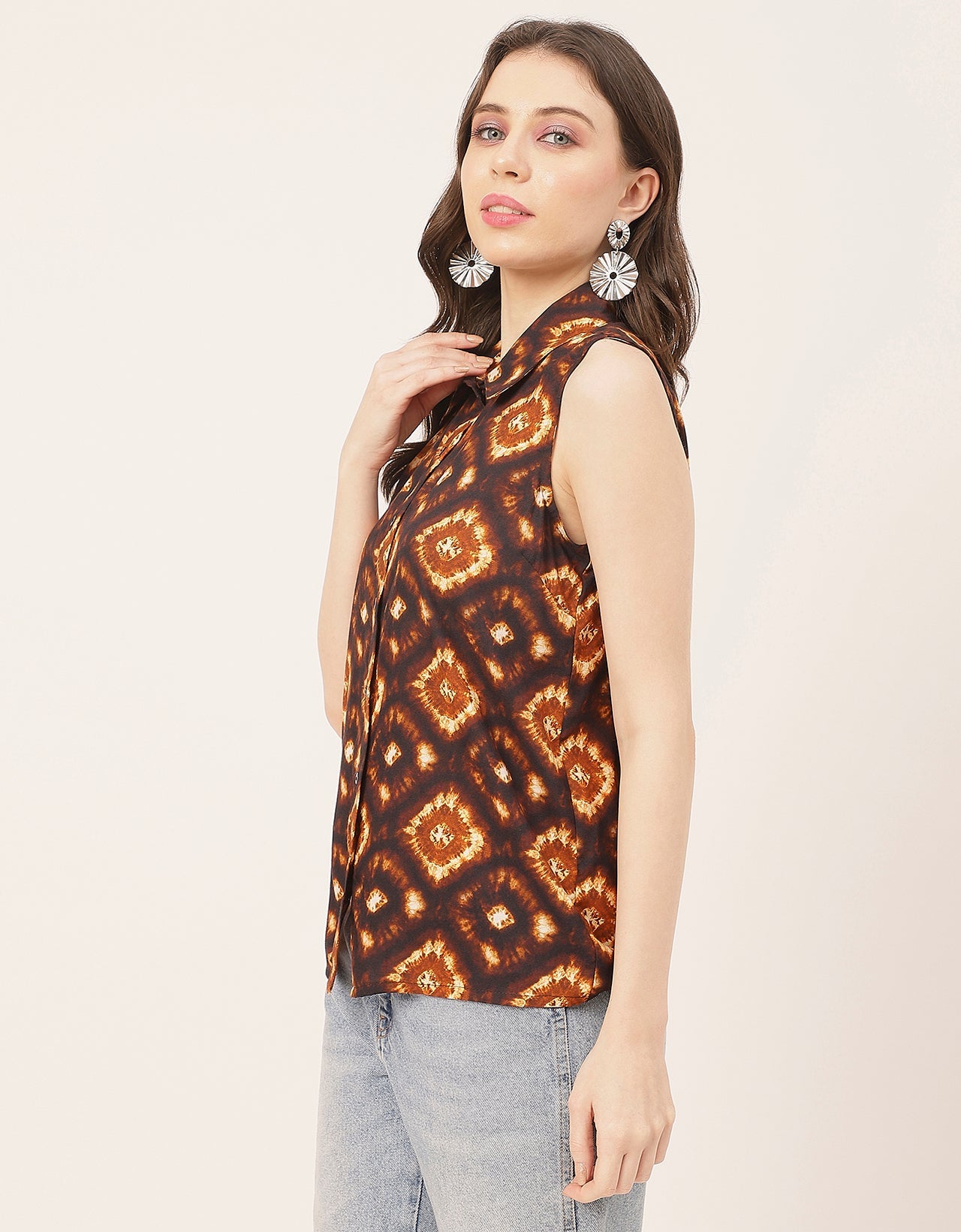 Sleeveless Shirt Collar Printed Rayon Shirt