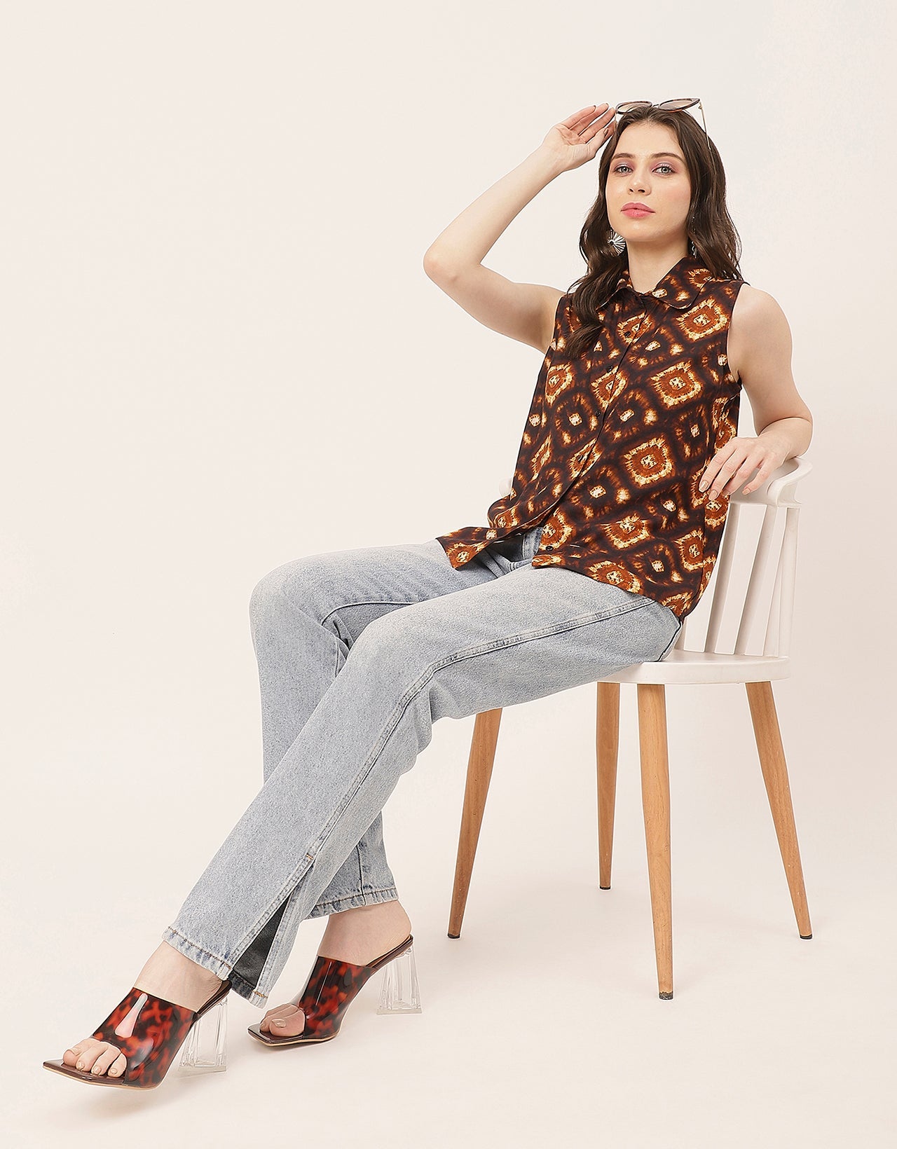 Sleeveless Shirt Collar Printed Rayon Shirt