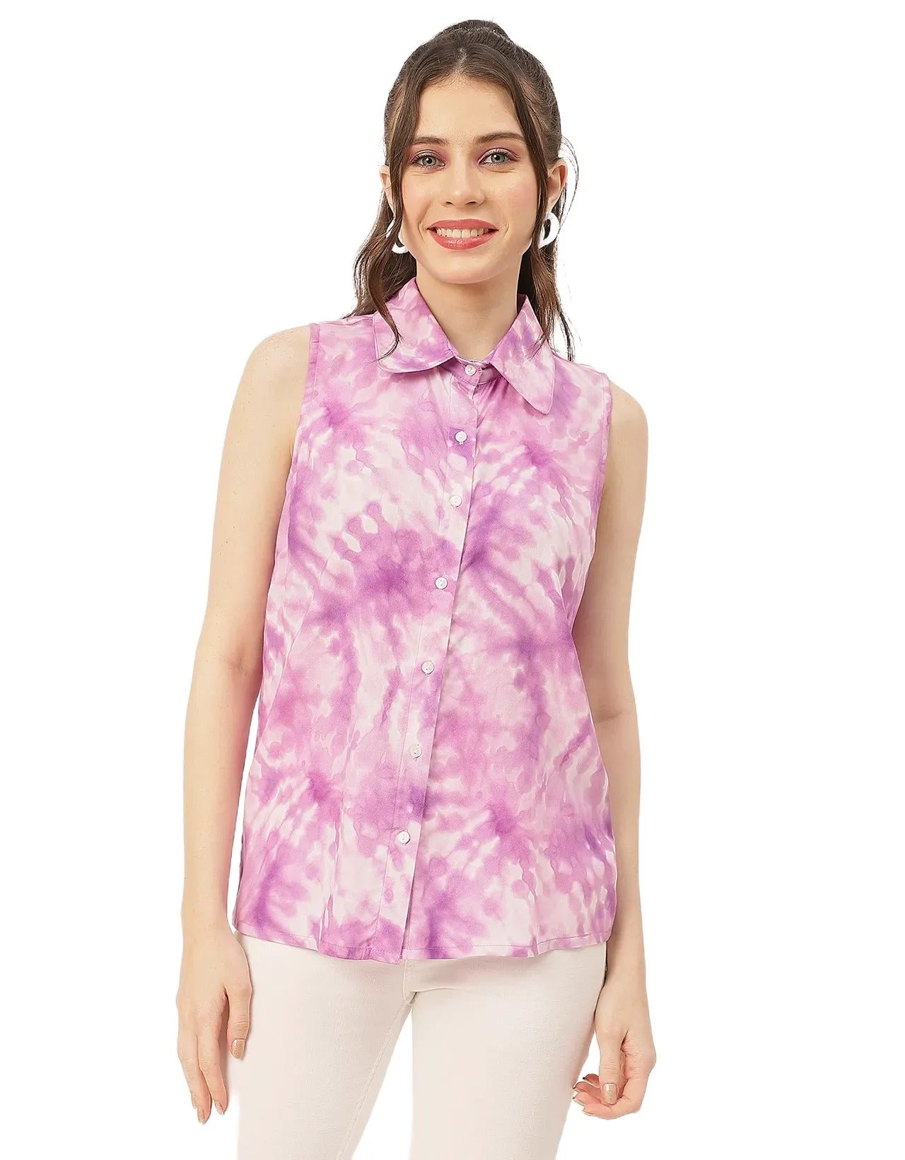 Sleeveless Shirt Collar Printed Rayon Shirt