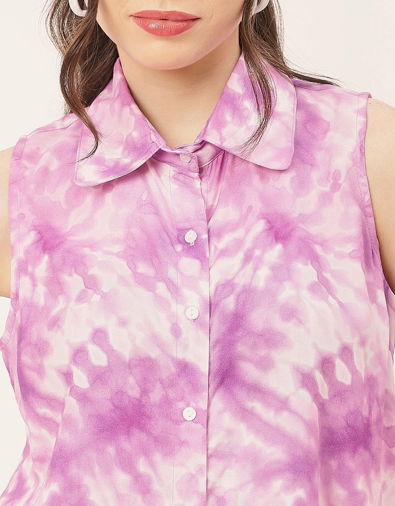Sleeveless Shirt Collar Printed Rayon Shirt