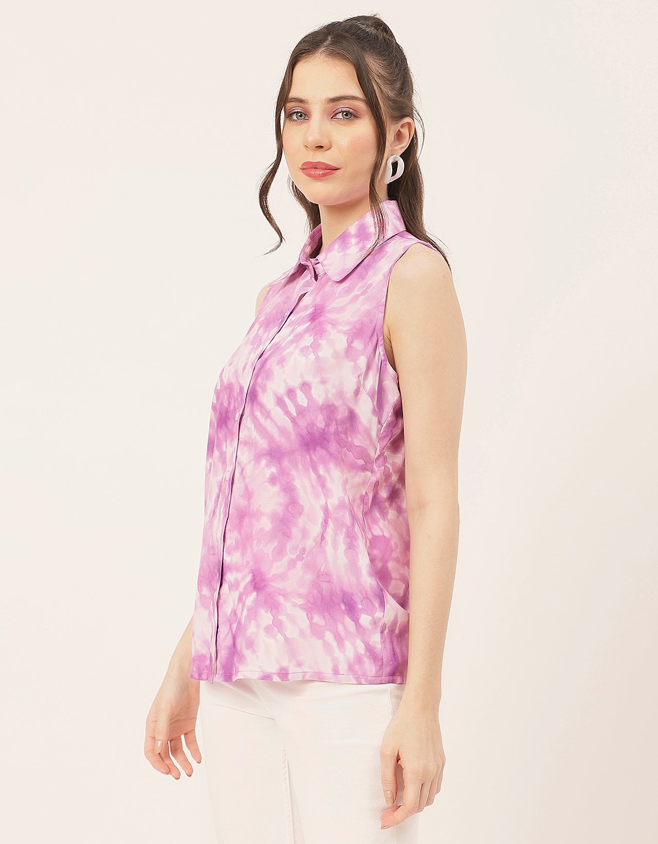 Sleeveless Shirt Collar Printed Rayon Shirt