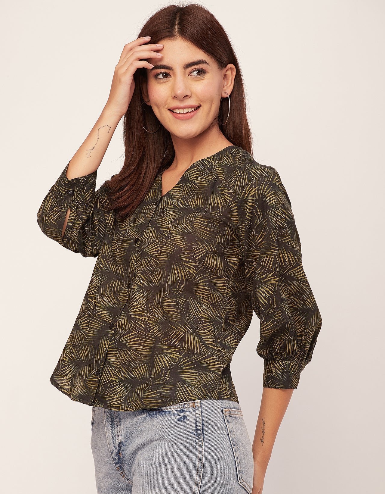 Chic Printed V Neck Cotton Shirt