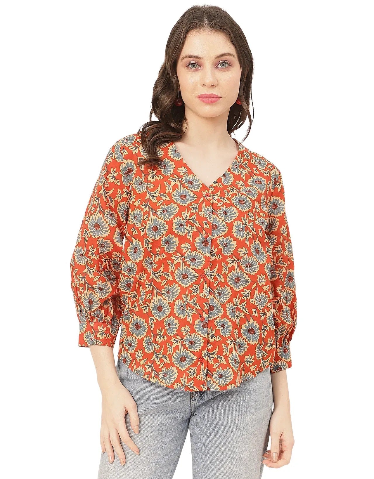 Chic Printed V Neck Cotton Shirt
