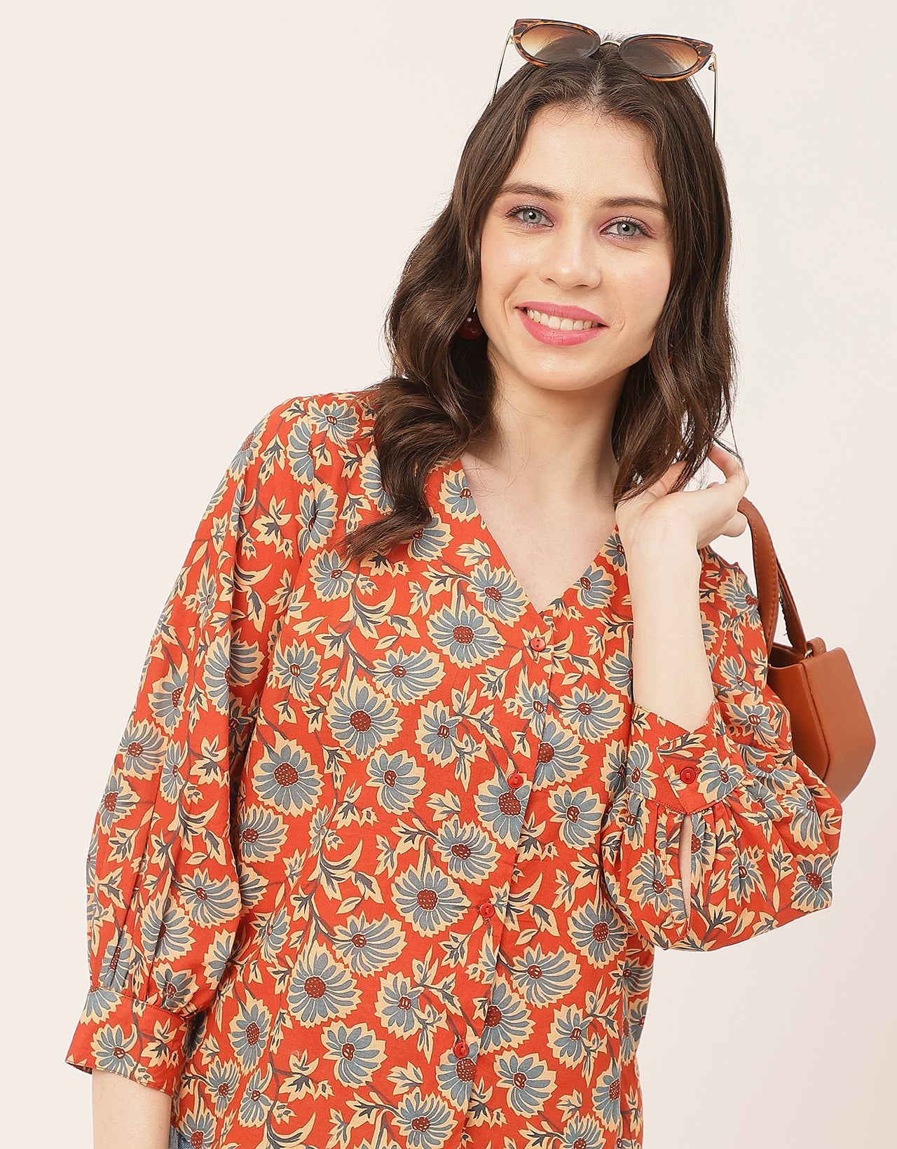 Chic Printed V Neck Cotton Shirt