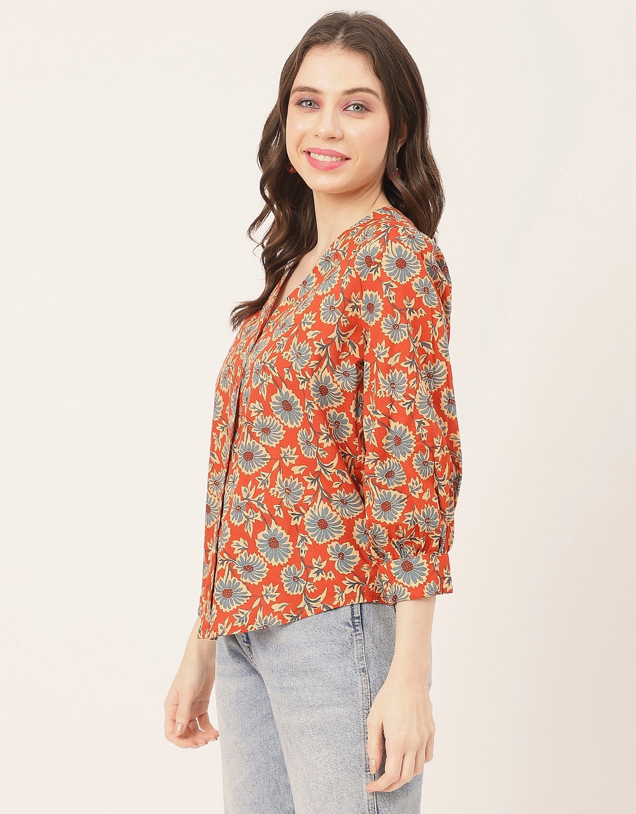 Chic Printed V Neck Cotton Shirt