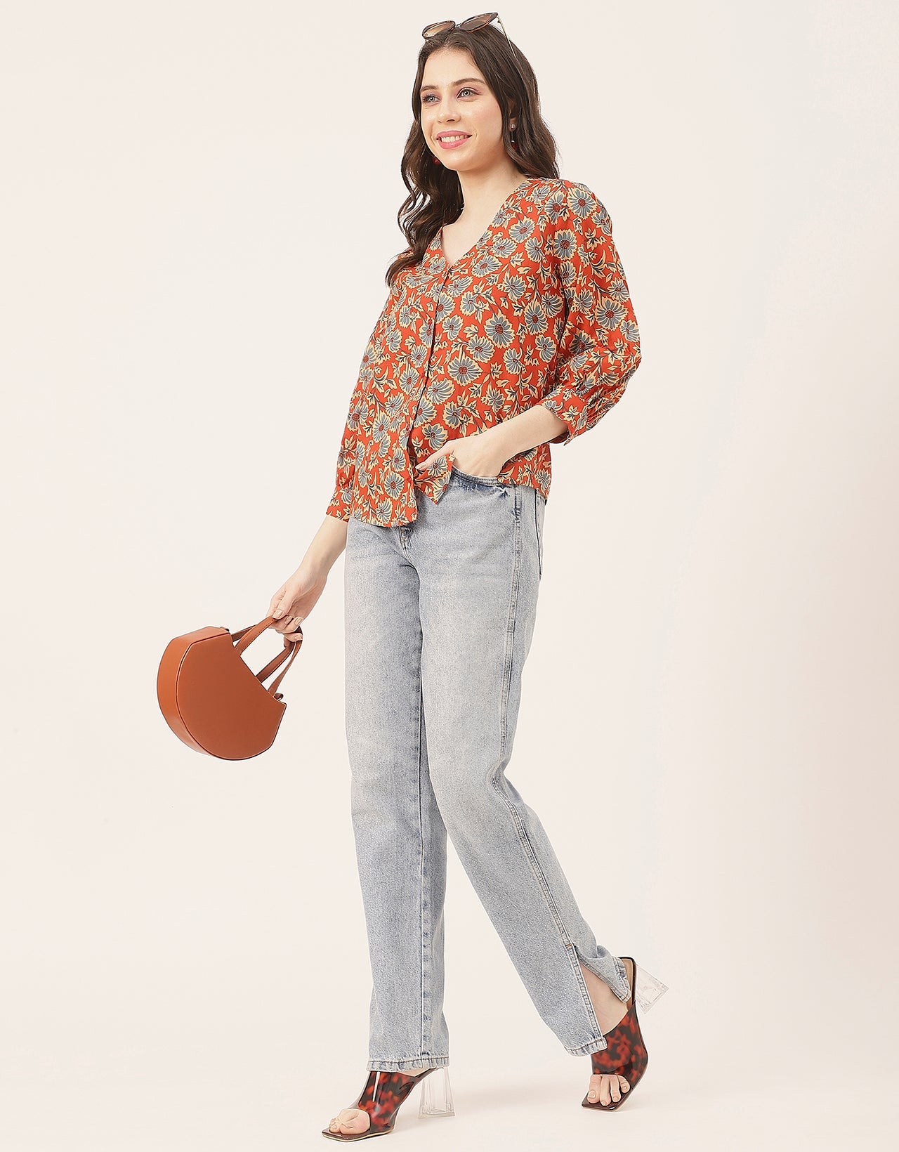 Chic Printed V Neck Cotton Shirt