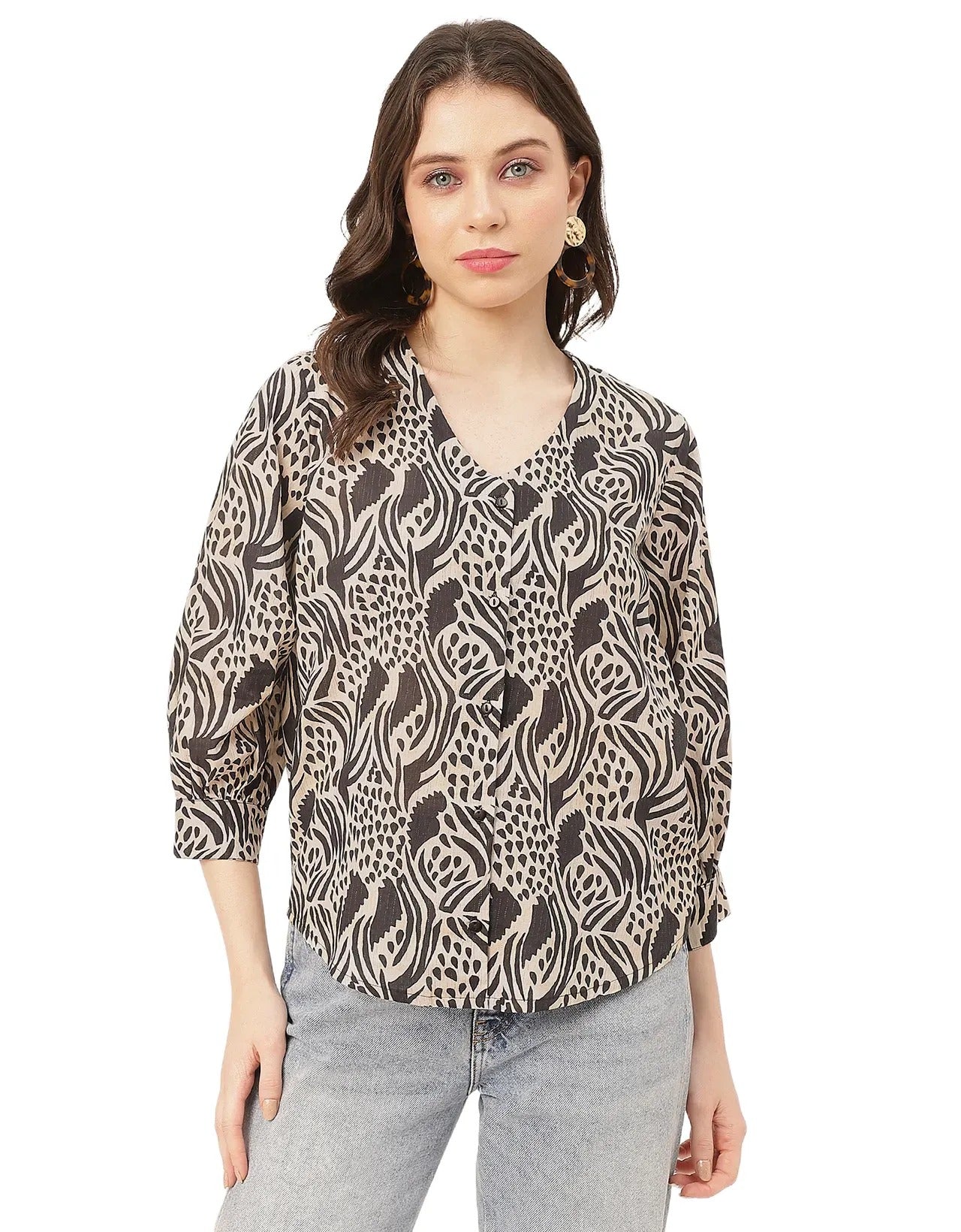 Chic Printed V Neck Cotton Shirt