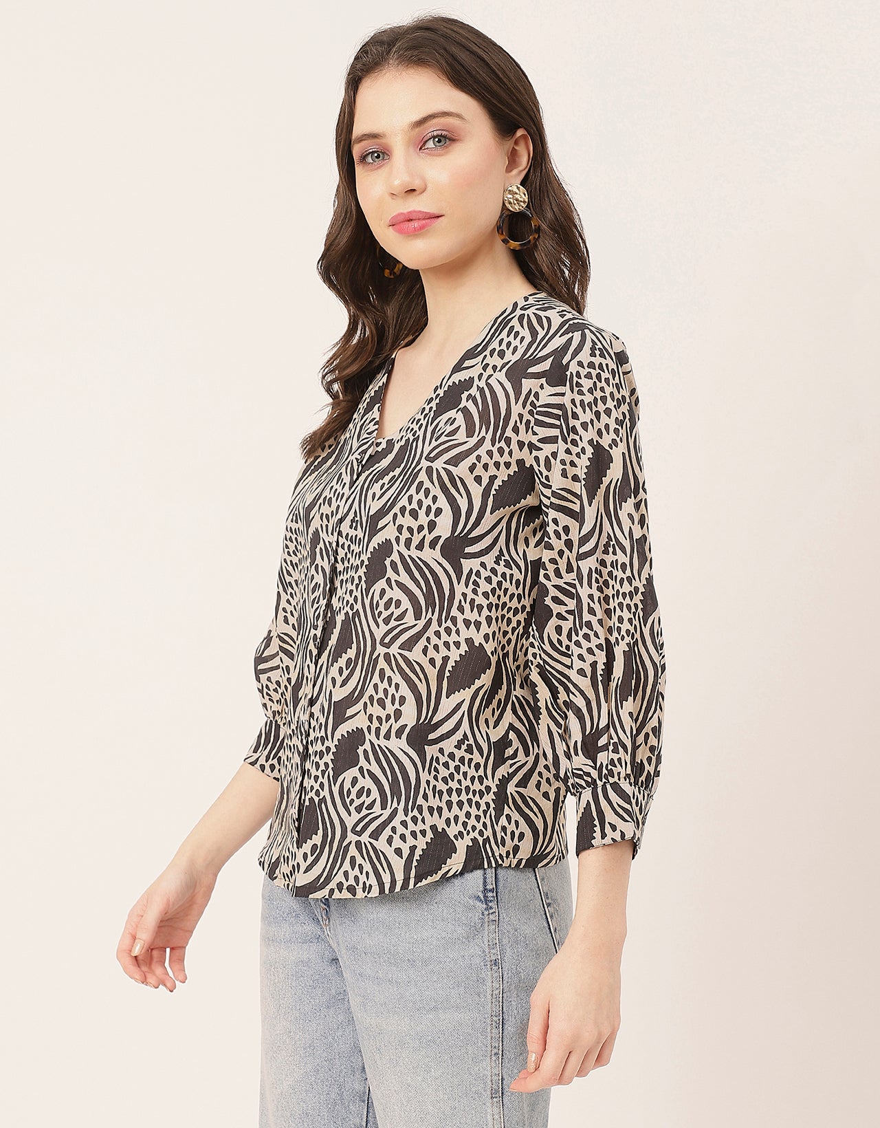 Chic Printed V Neck Cotton Shirt