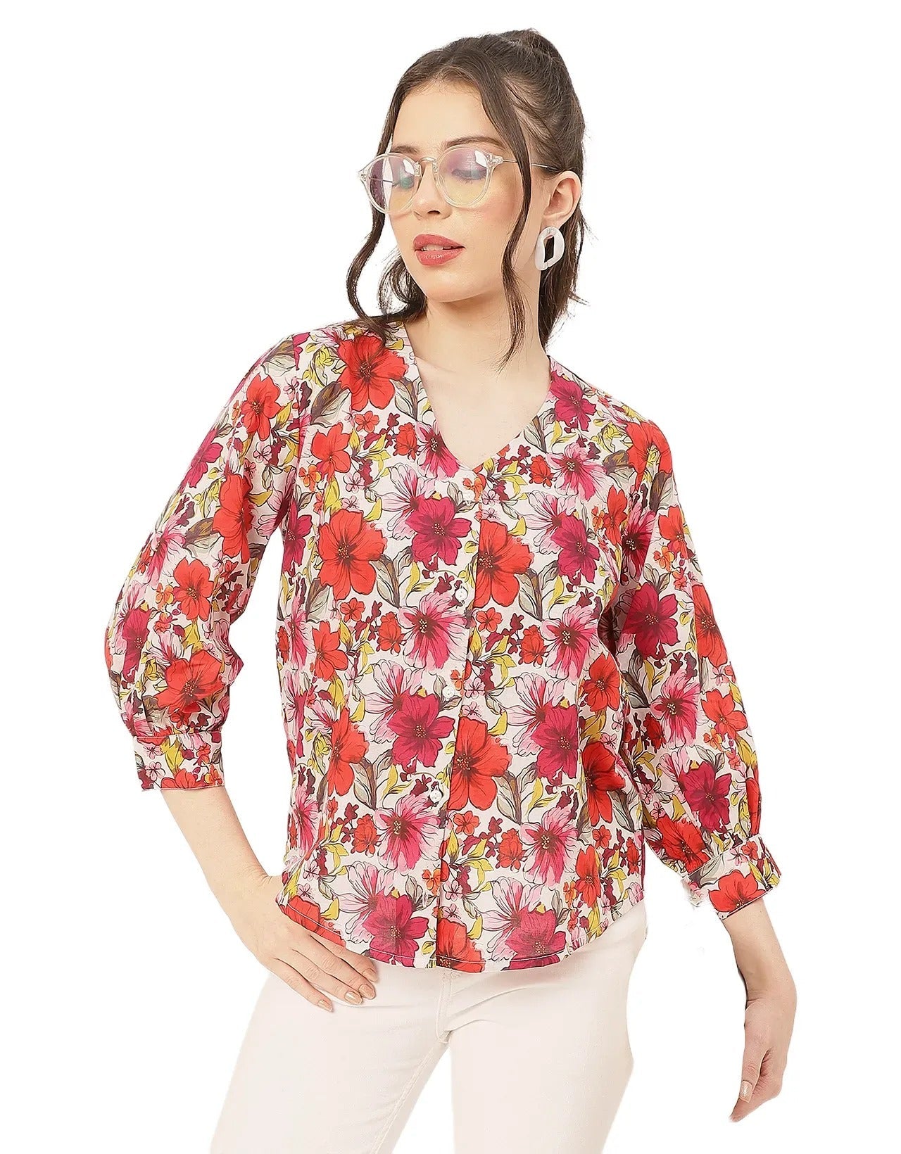 Chic Printed V Neck Cotton Shirt