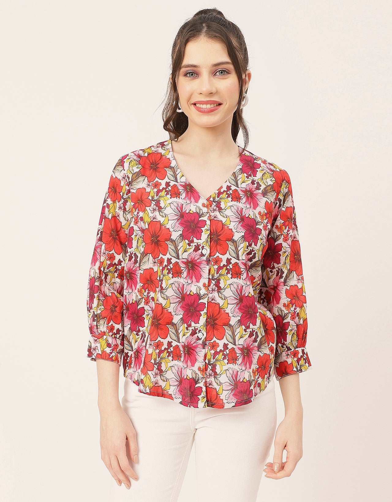 Chic Printed V Neck Cotton Shirt