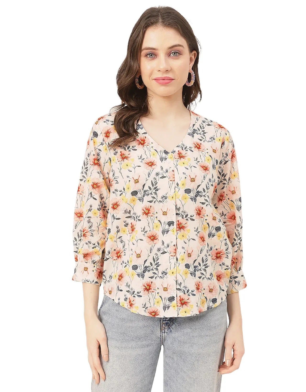 Chic Printed V Neck Cotton Shirt