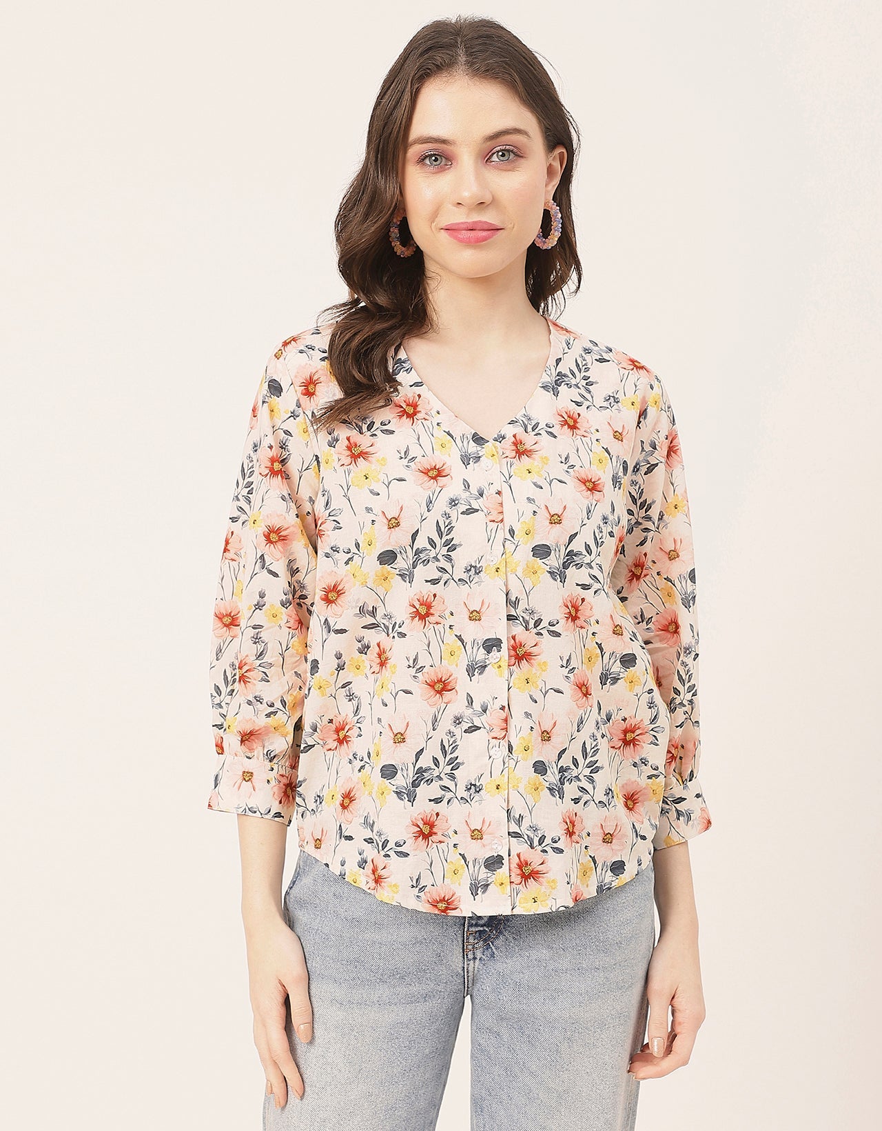 Chic Printed V Neck Cotton Shirt