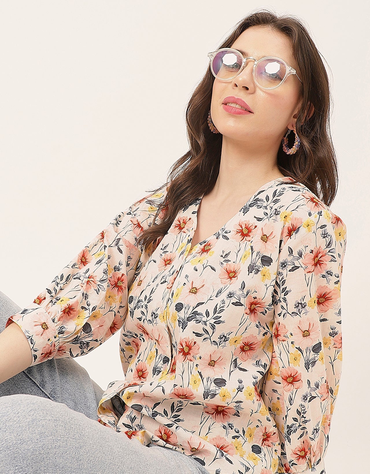 Chic Printed V Neck Cotton Shirt