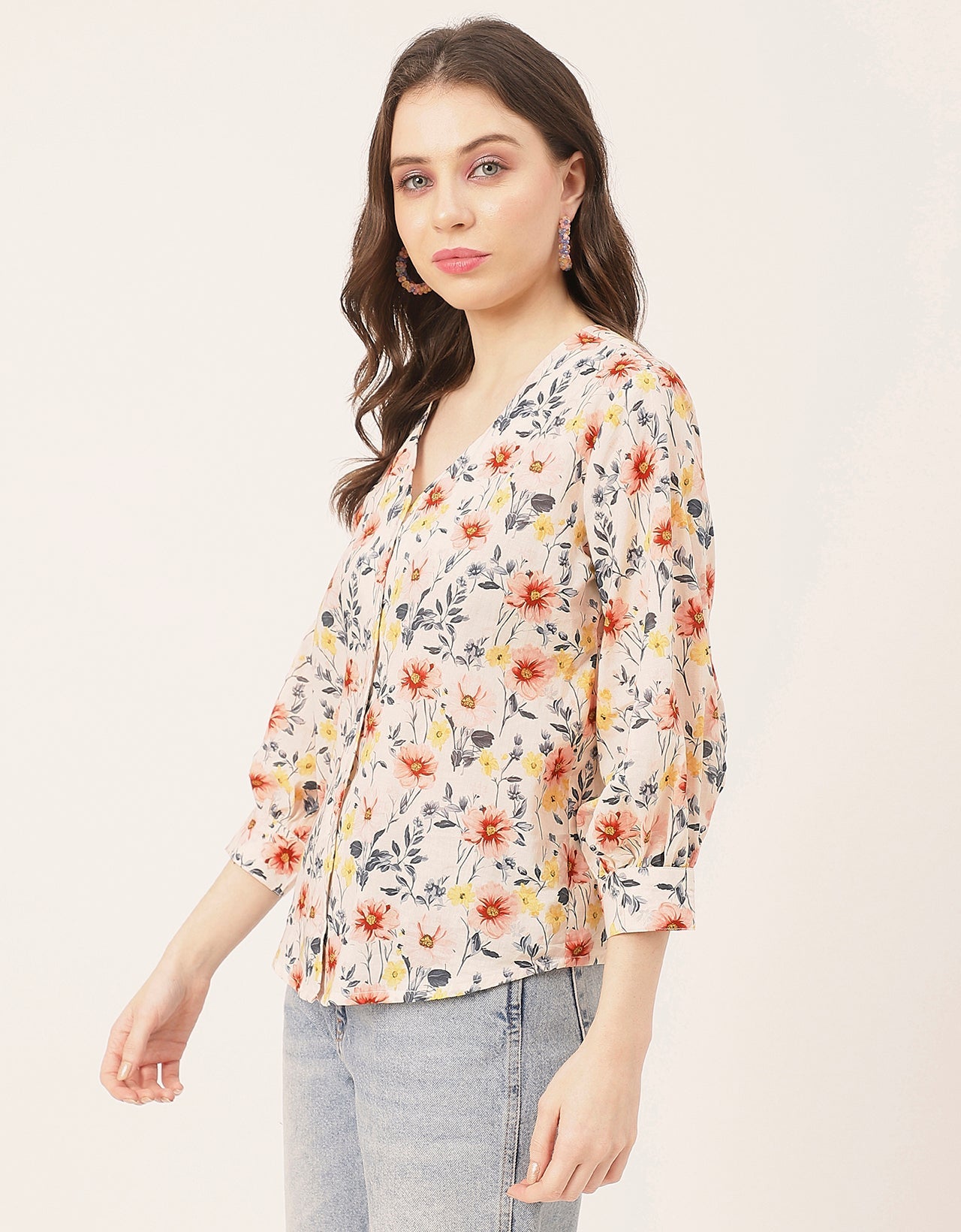 Chic Printed V Neck Cotton Shirt