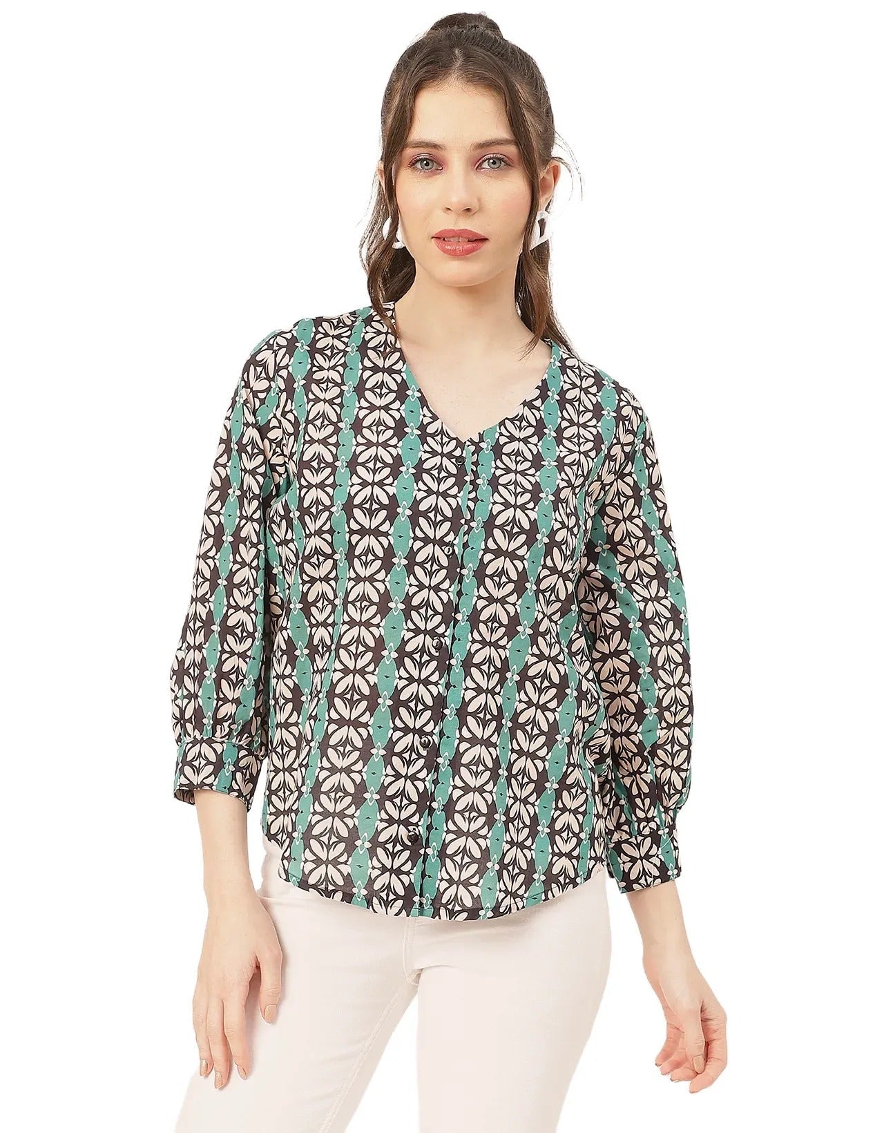 Chic Printed V Neck Cotton Shirt