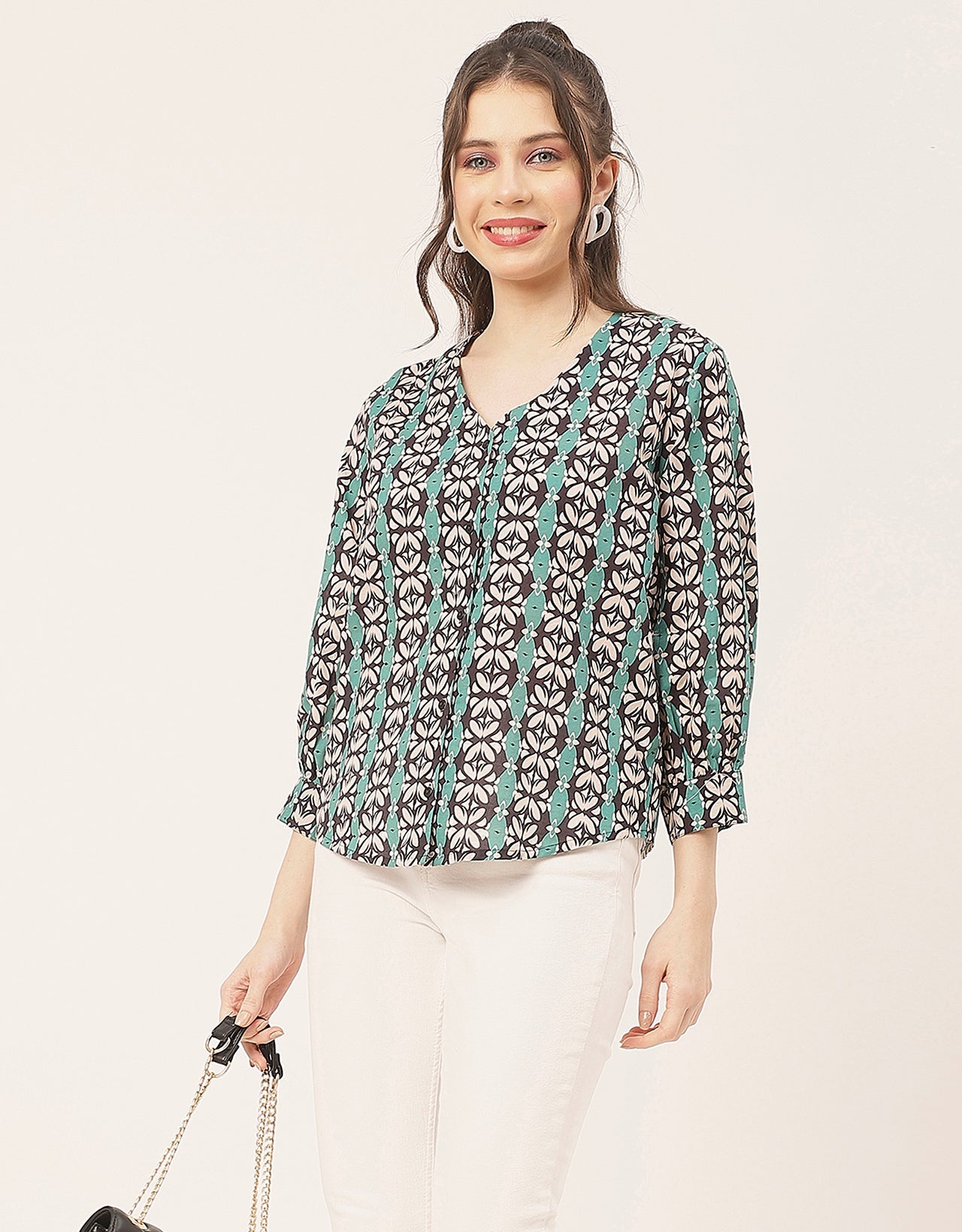 Chic Printed V Neck Cotton Shirt