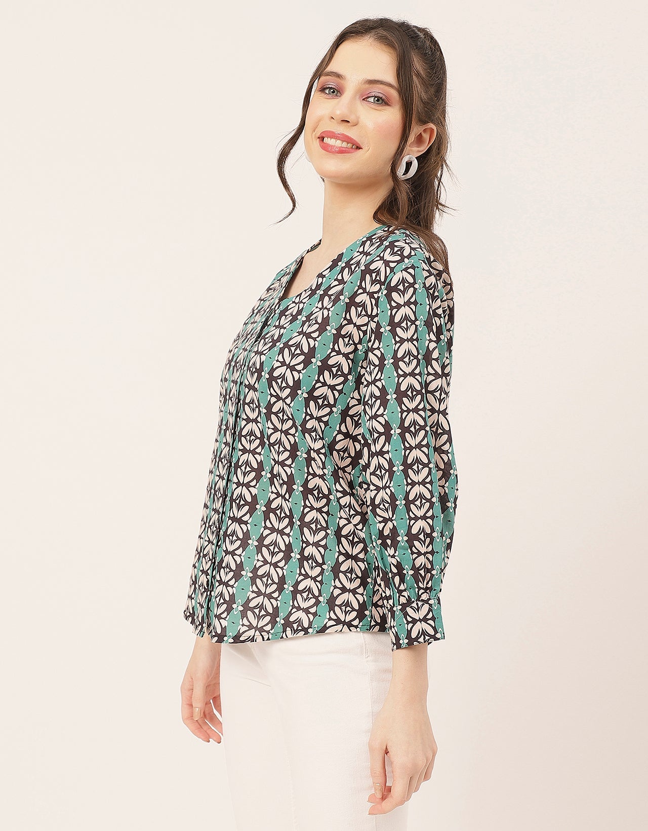Chic Printed V Neck Cotton Shirt