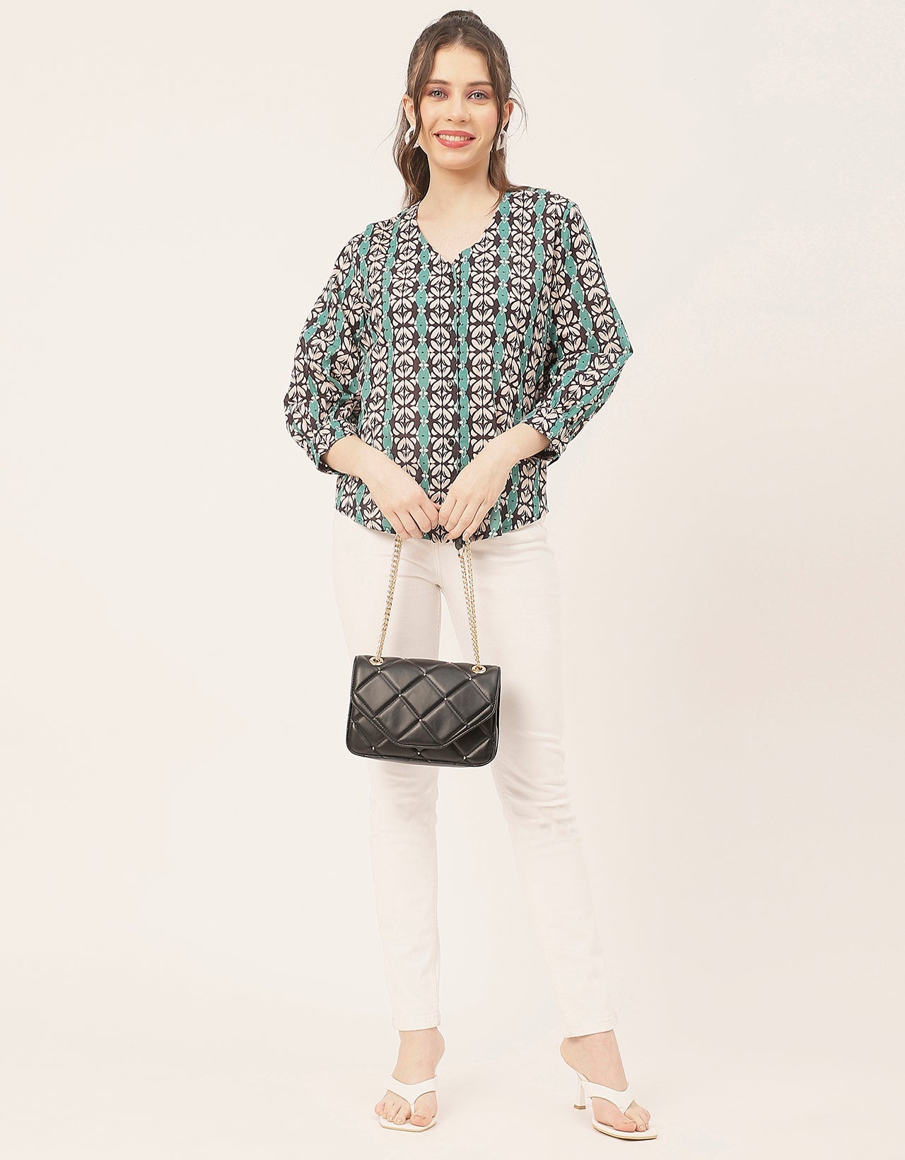 Chic Printed V Neck Cotton Shirt