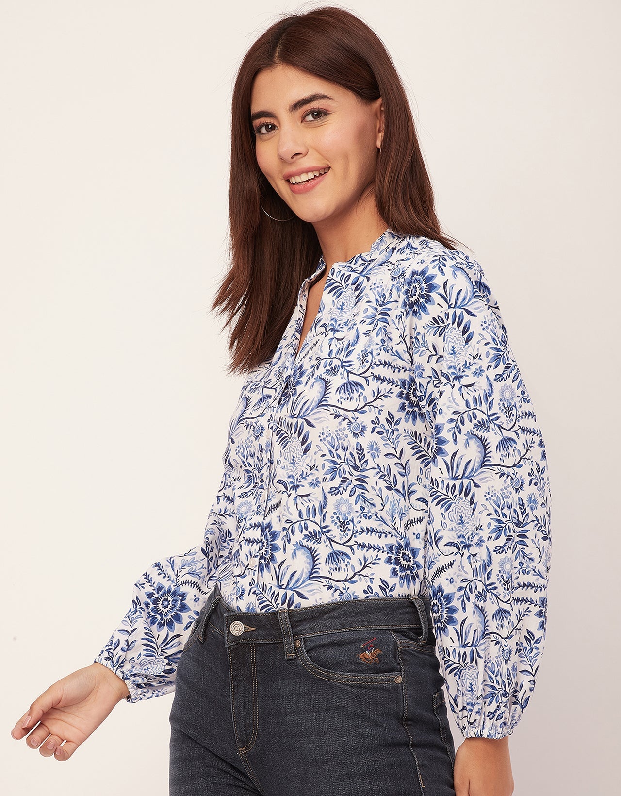 Stylish Bishop Sleeves Cotton Shirt