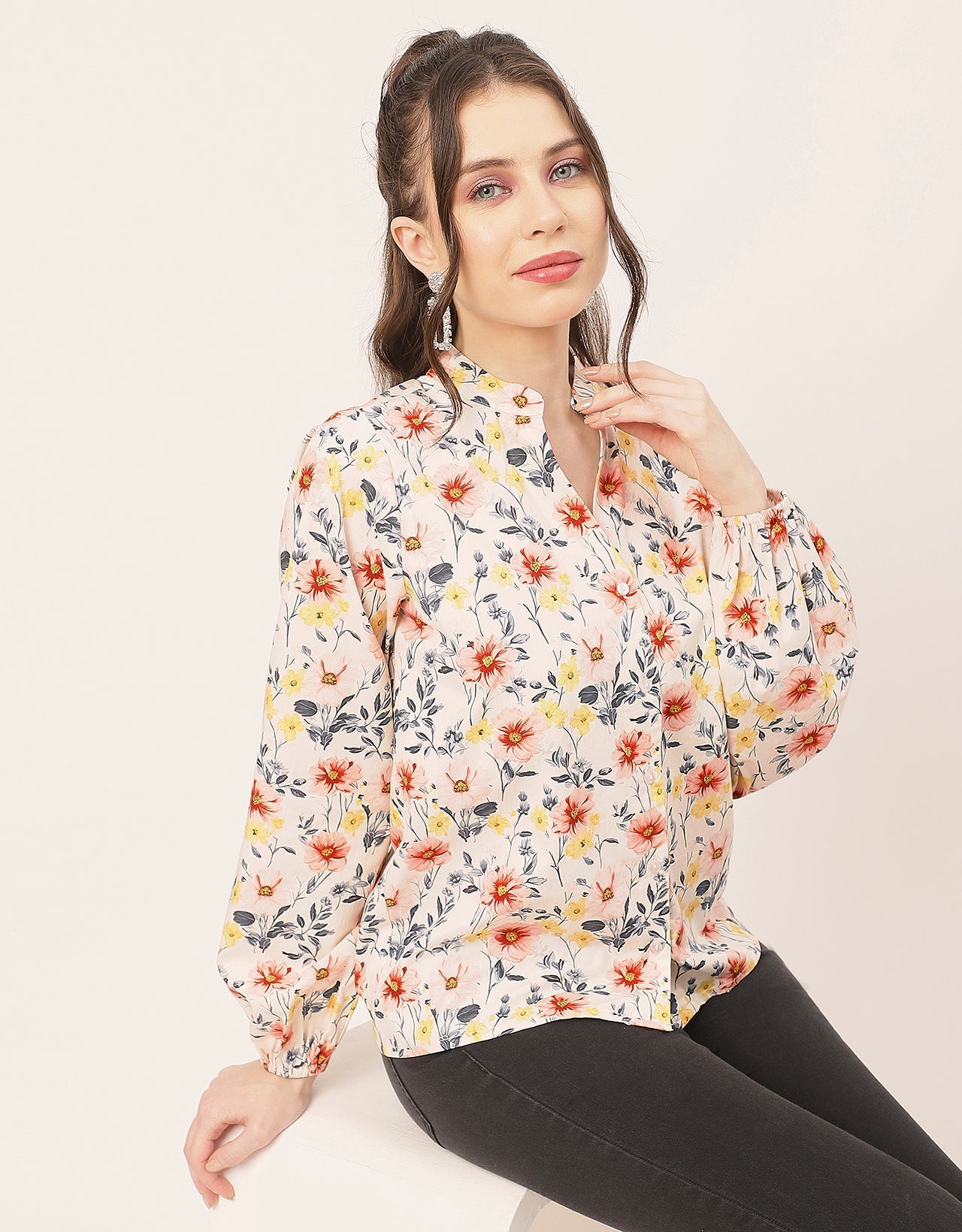 Stylish Bishop Sleeves Cotton Shirt