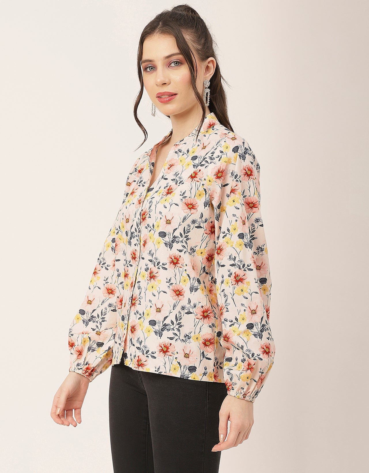 Stylish Bishop Sleeves Cotton Shirt