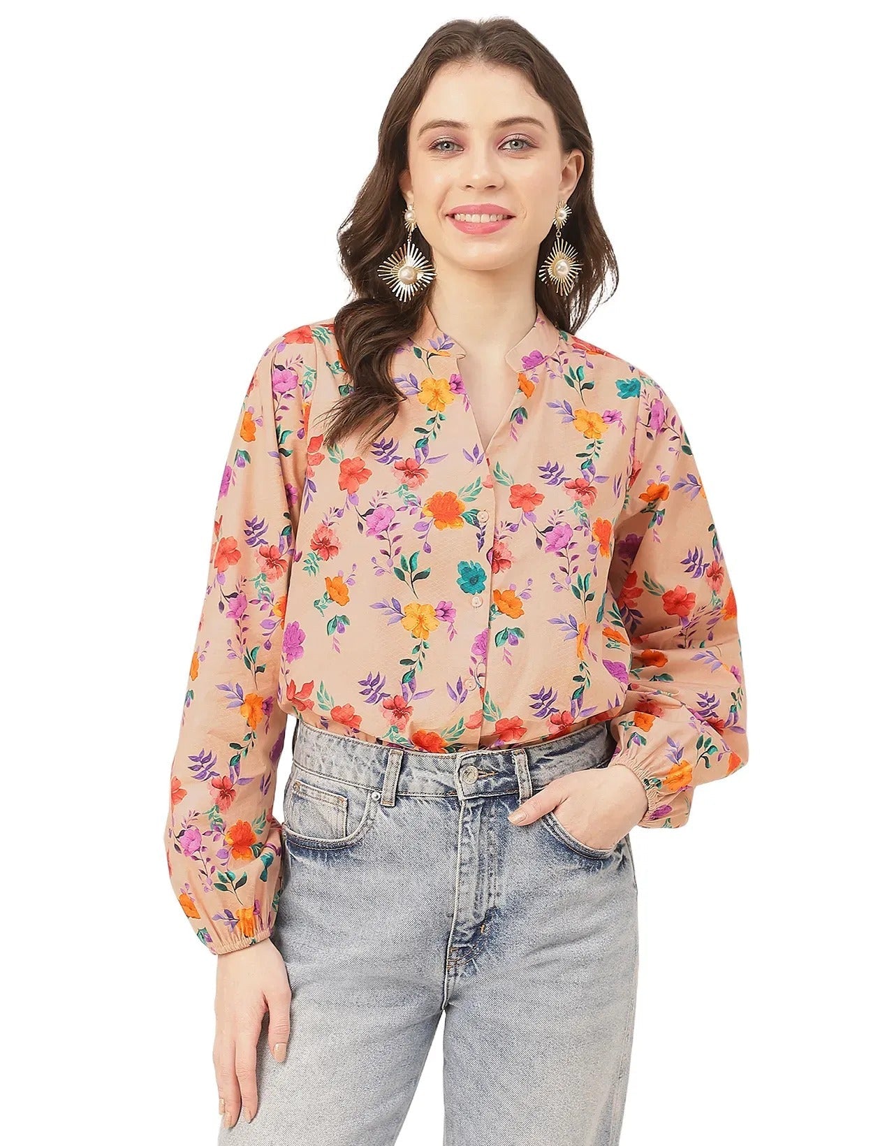 Stylish Bishop Sleeves Cotton Shirt