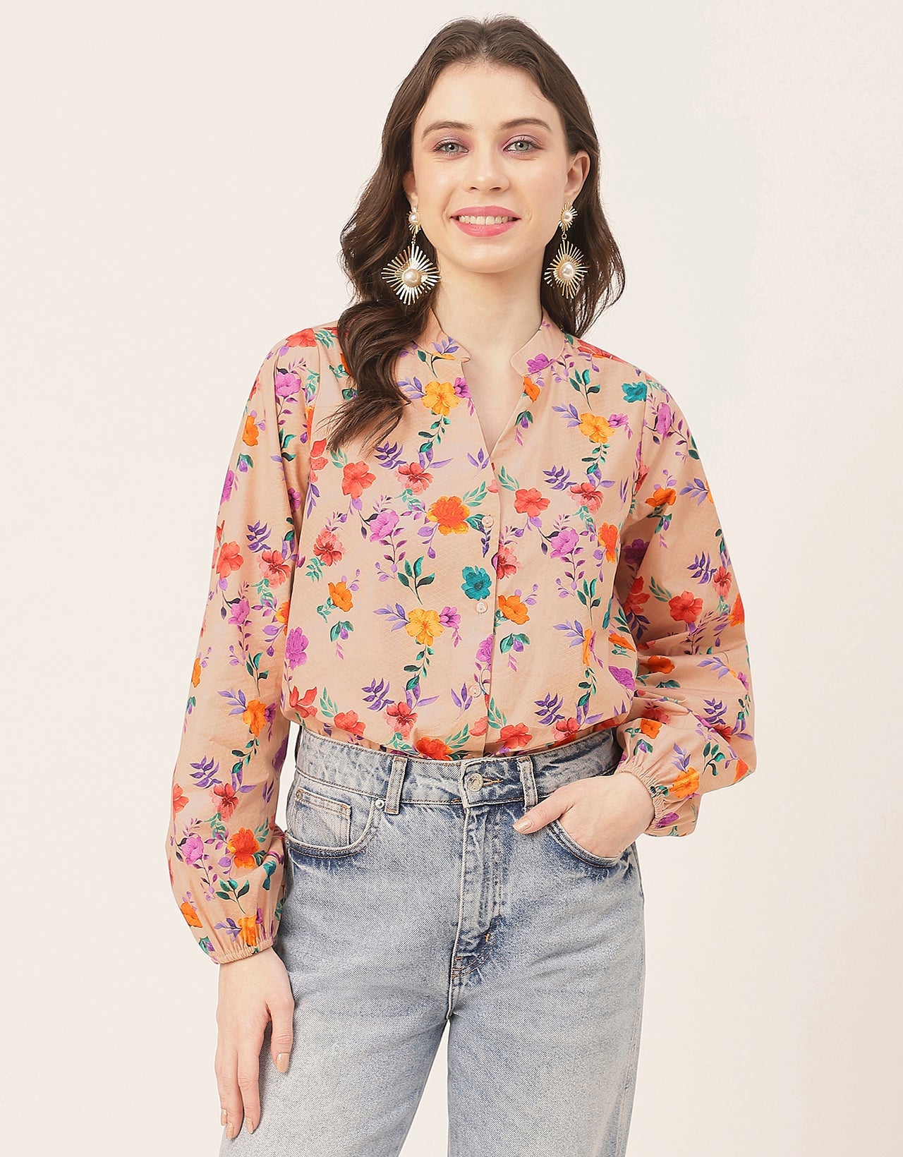 Stylish Bishop Sleeves Cotton Shirt