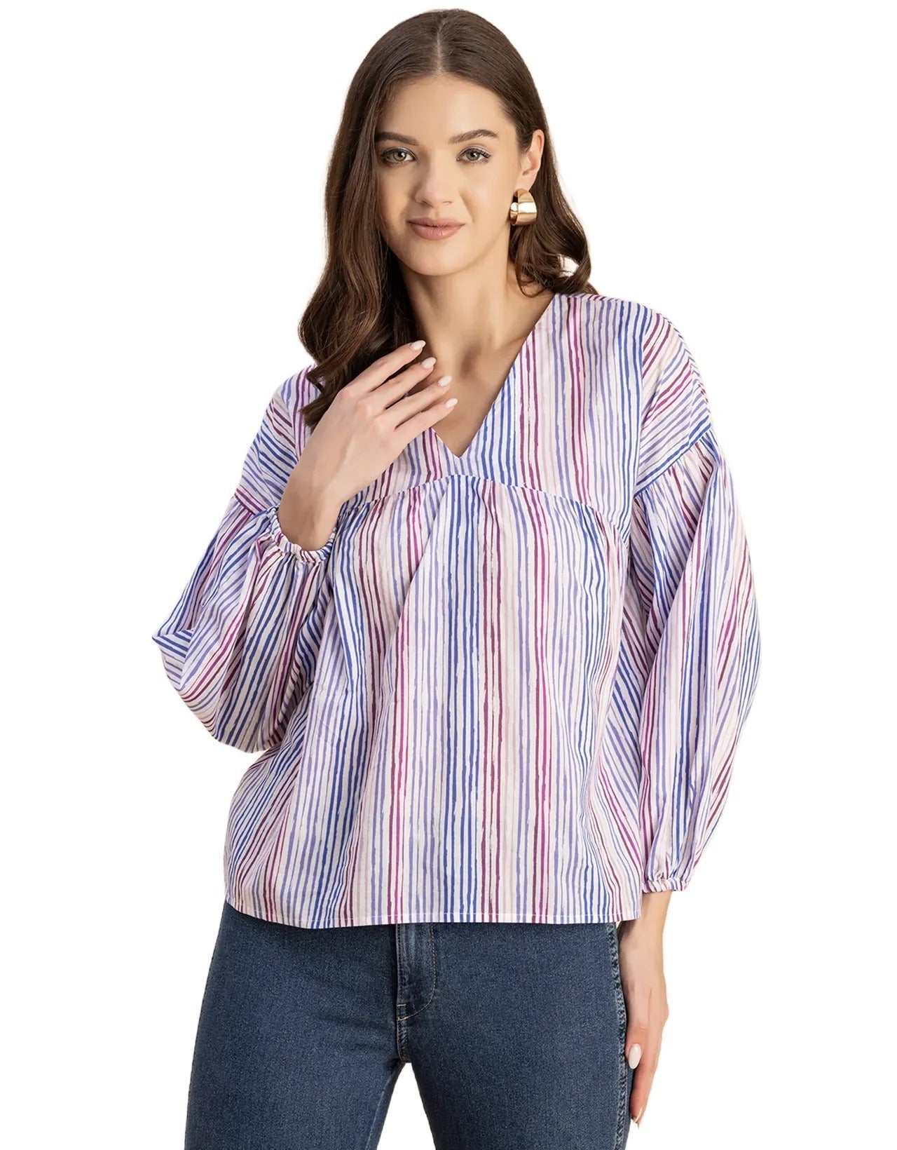 Bohemian Cotton Long Sleeve V Neck Top
