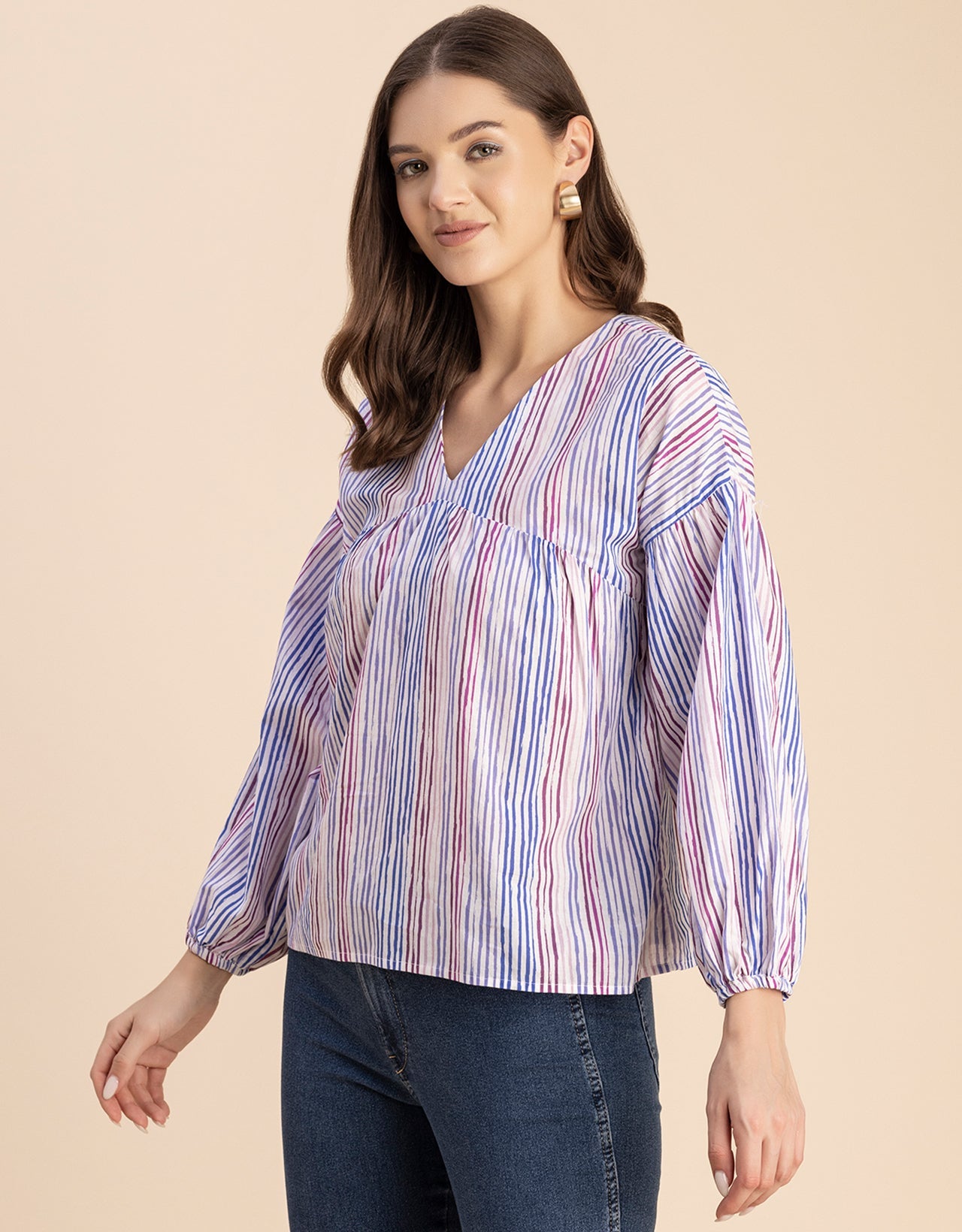 Bohemian Cotton Long Sleeve V Neck Top