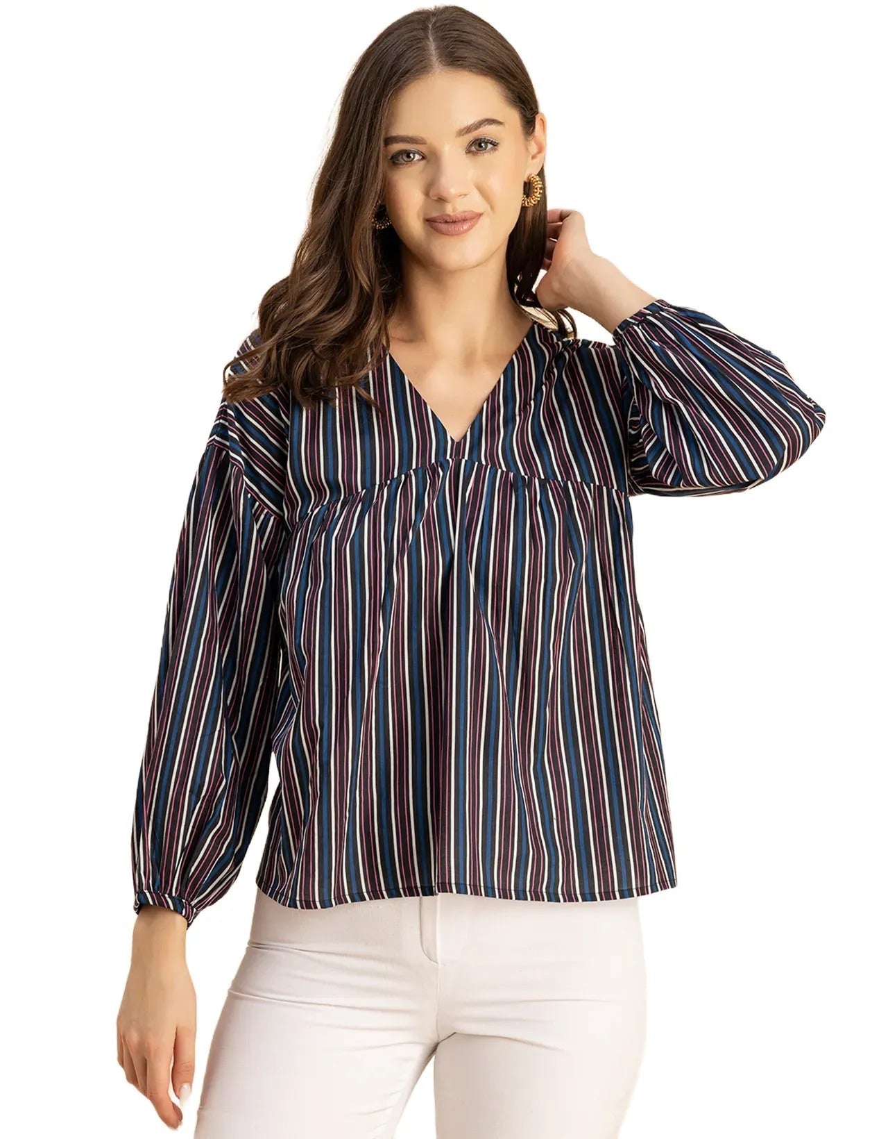 Bohemian Cotton Long Sleeve V Neck Top