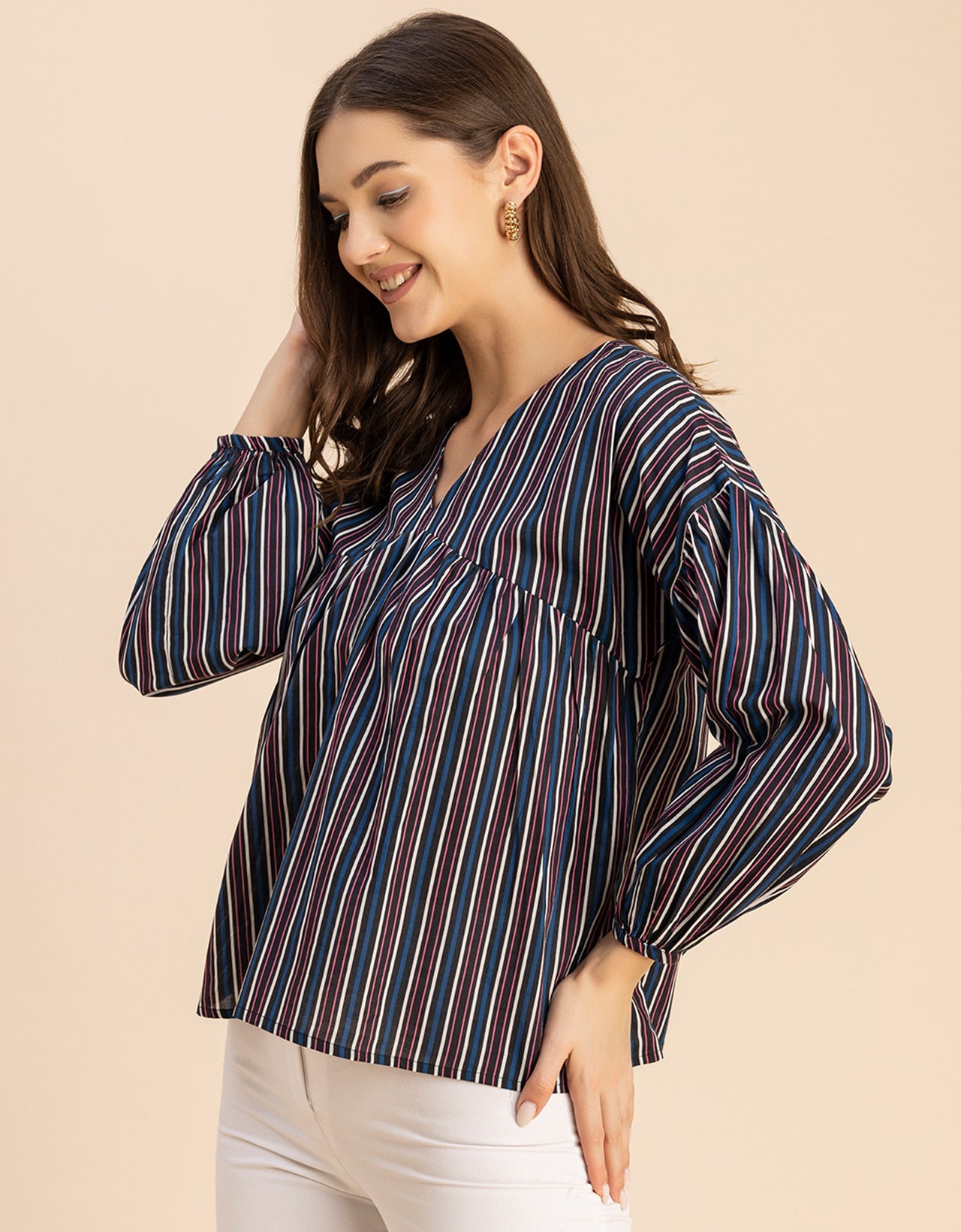 Bohemian Cotton Long Sleeve V Neck Top