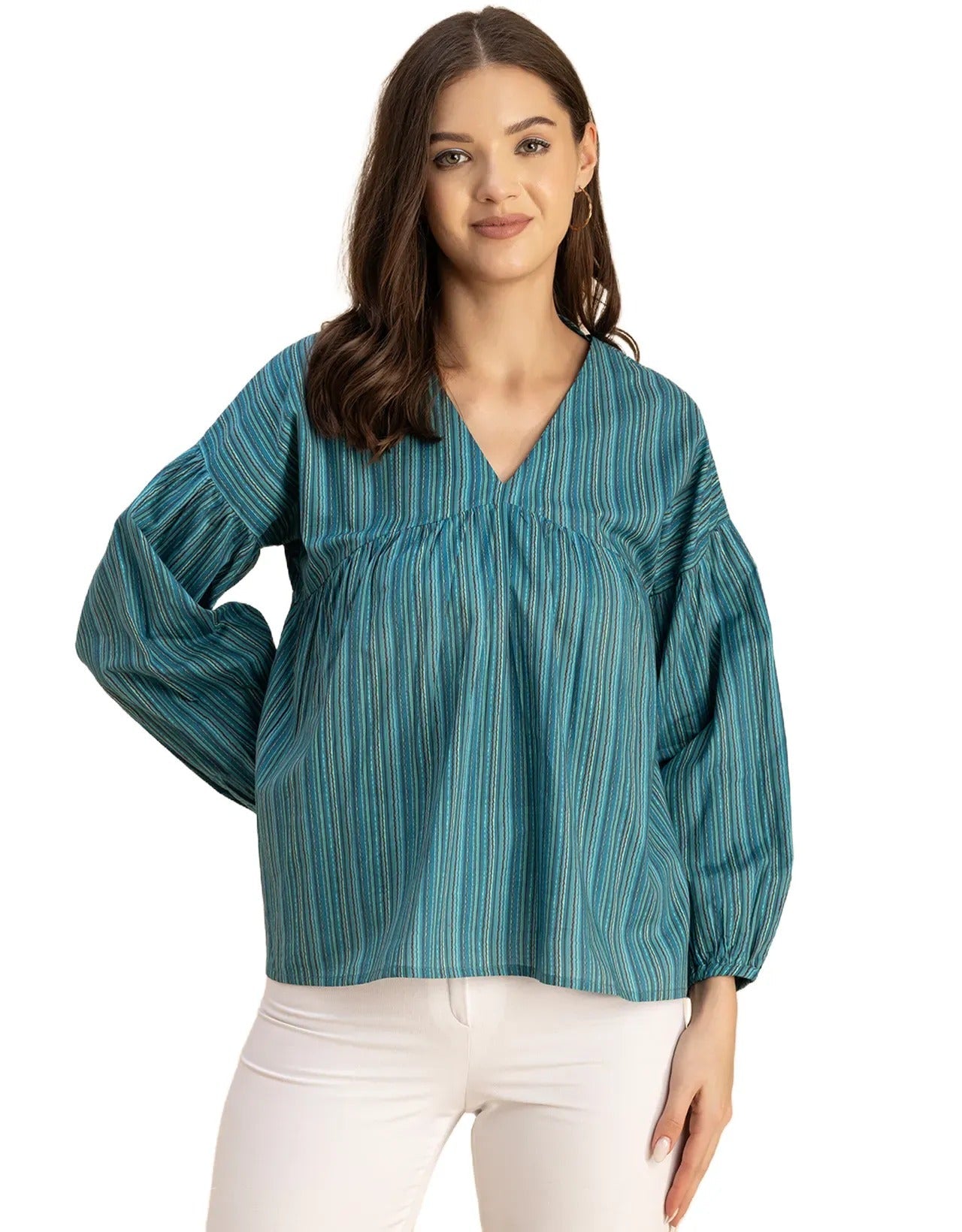 Bohemian Cotton Long Sleeve V Neck Top