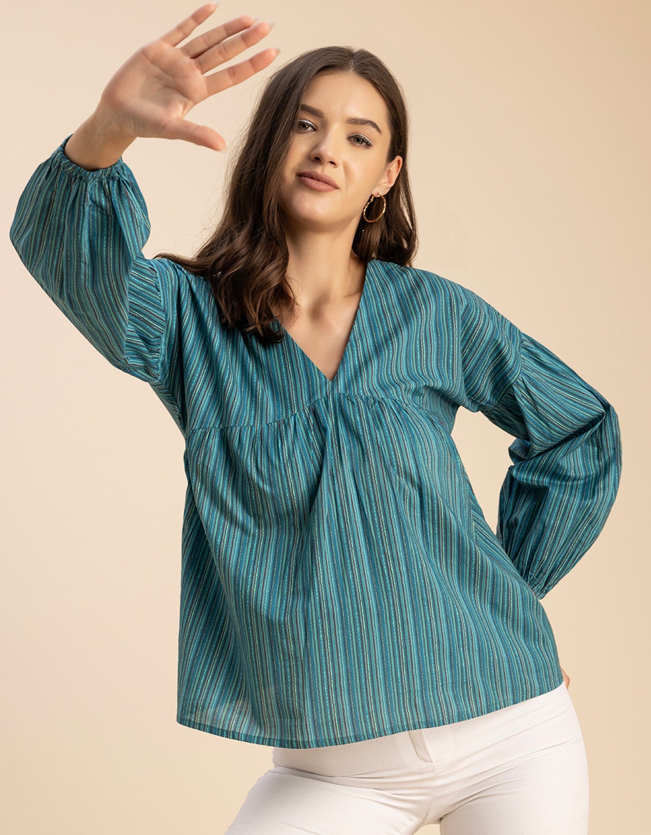 Bohemian Cotton Long Sleeve V Neck Top